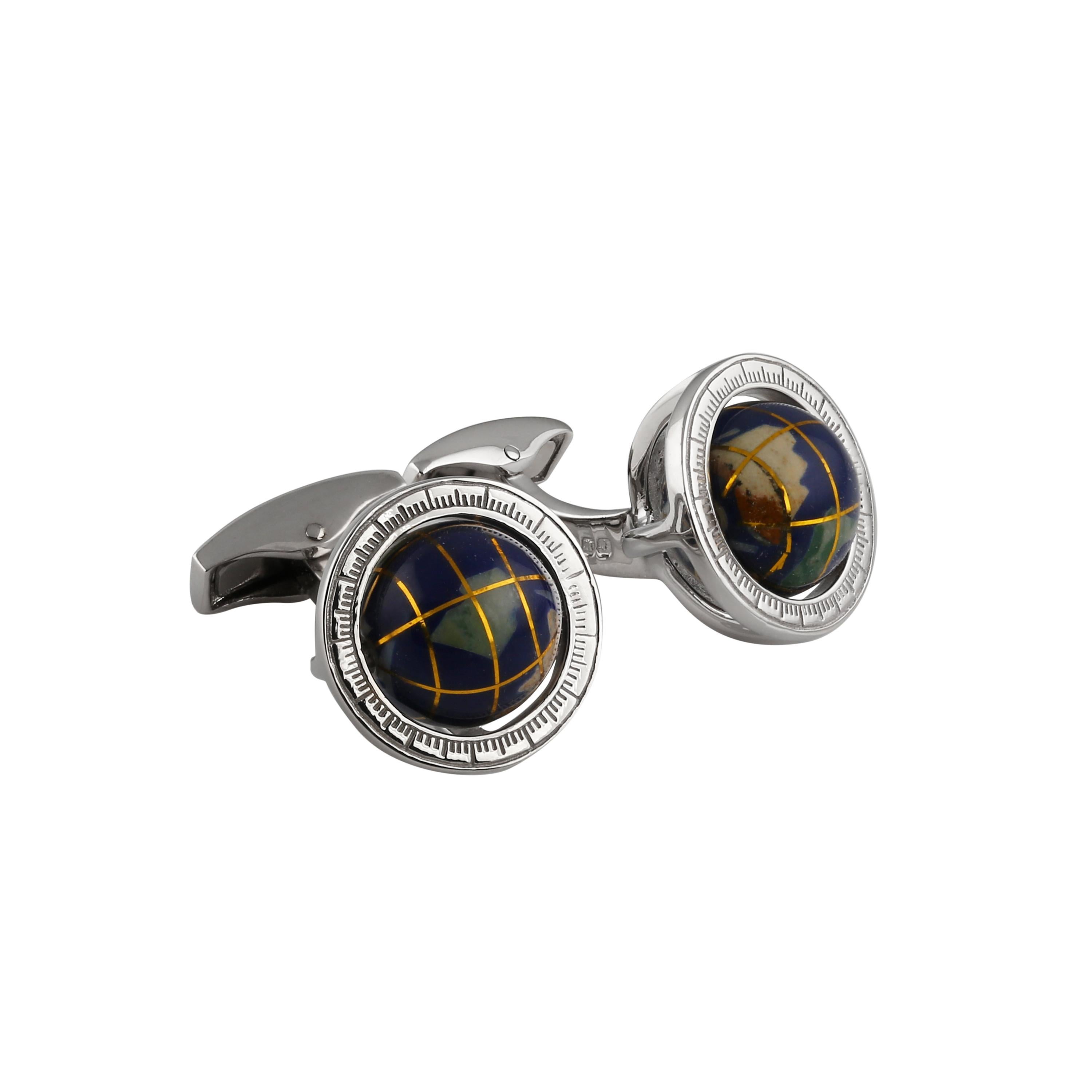 Globe Cufflinks In Lapis With Sterling Silver For Sale