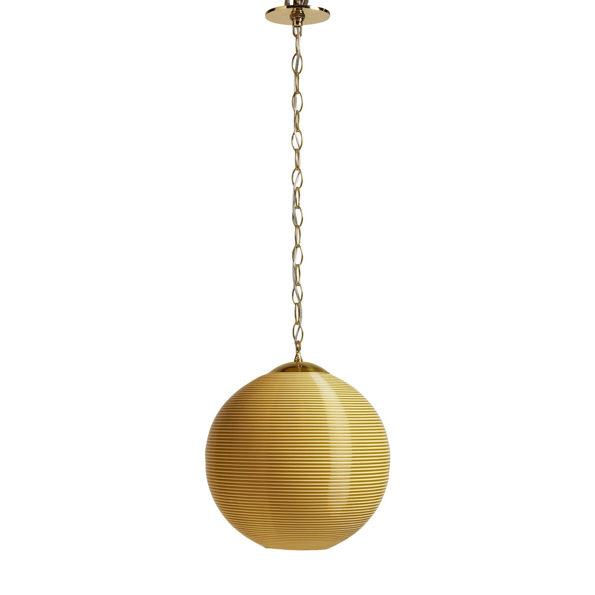 Continuous dark and light gold plastic cords spun into a round globe ceiling fixture. Drop can be adjusted.