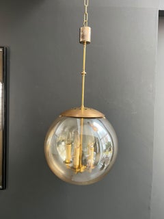 Globe Pendant Light in Smoked Glass with Brass Mount and Four Lights, Circa 1970