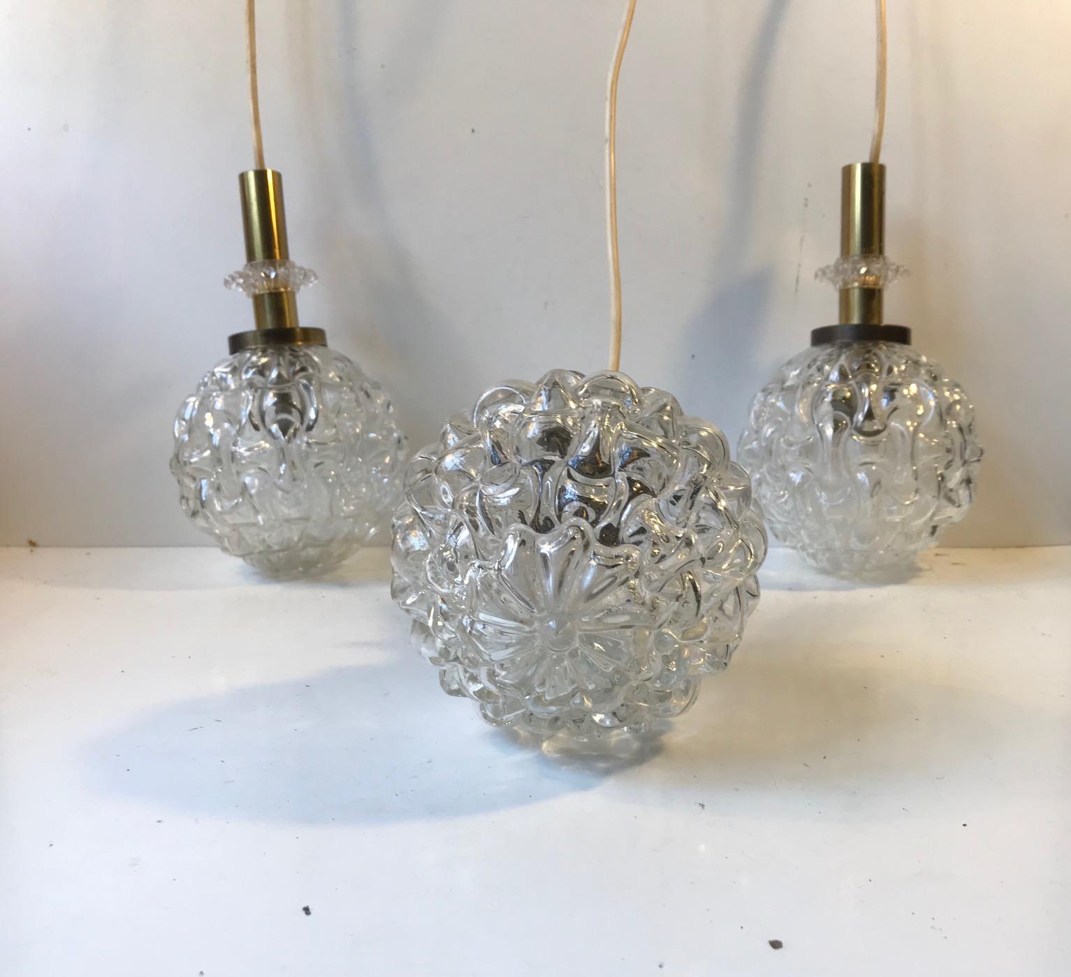 Globe Pendant Lights in Pressed Glass and Brass, Germany, 1960s, Set of 3 In Good Condition In Esbjerg, DK