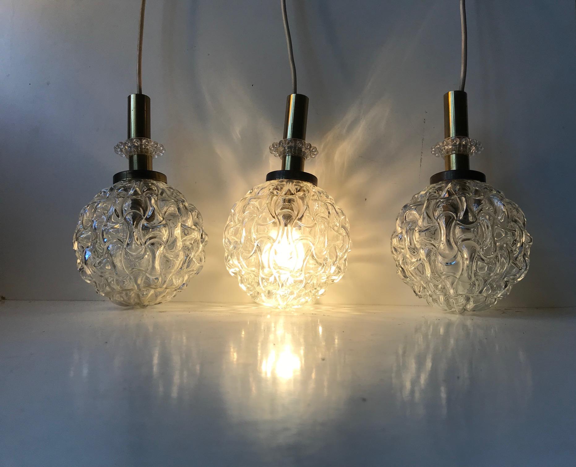 Mid-20th Century Globe Pendant Lights in Pressed Glass and Brass, Germany, 1960s, Set of 3