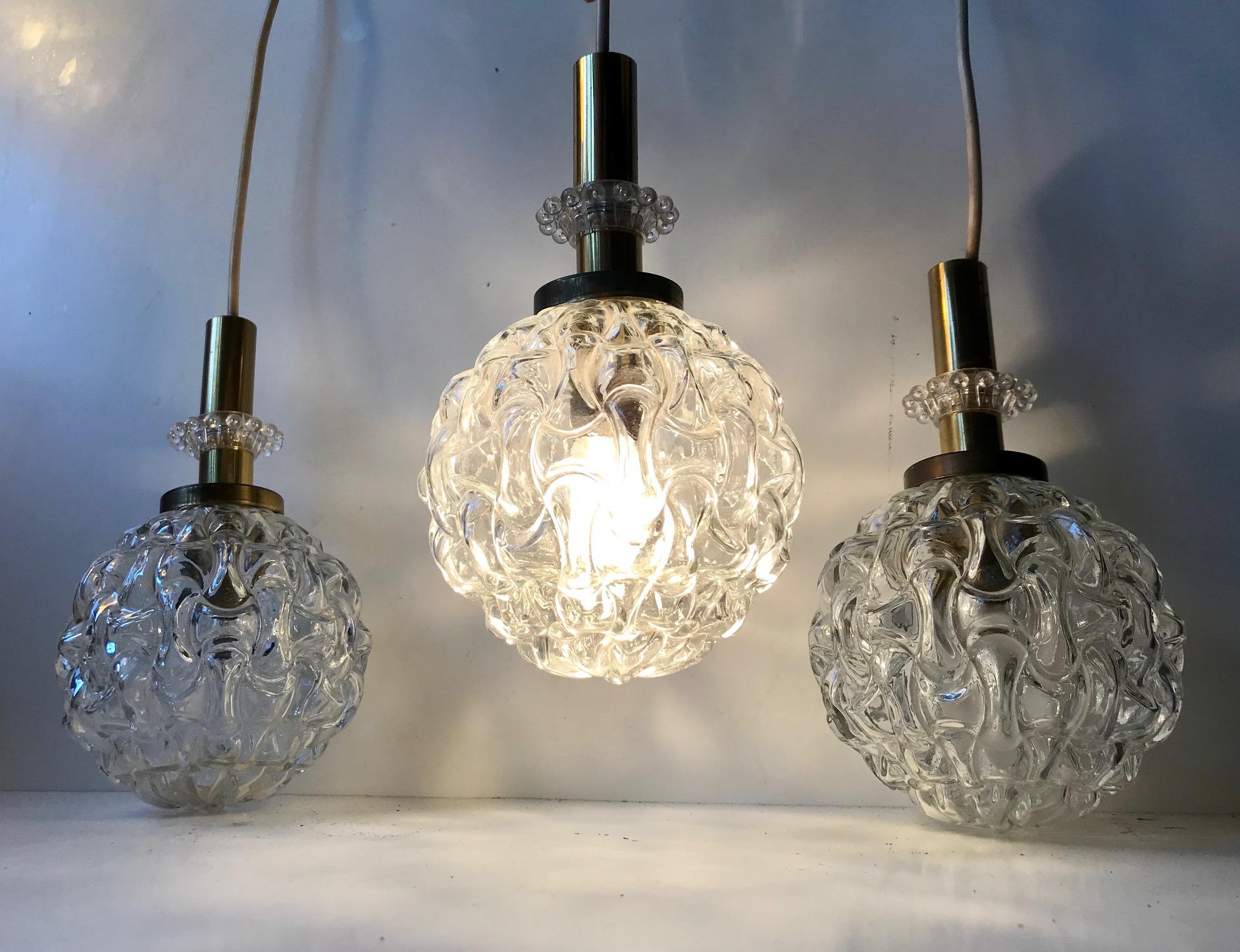 Globe Pendant Lights in Pressed Glass and Brass, Germany, 1960s, Set of 3 1