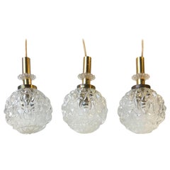 Vintage Globe Pendant Lights in Pressed Glass and Brass, Germany, 1960s, Set of 3