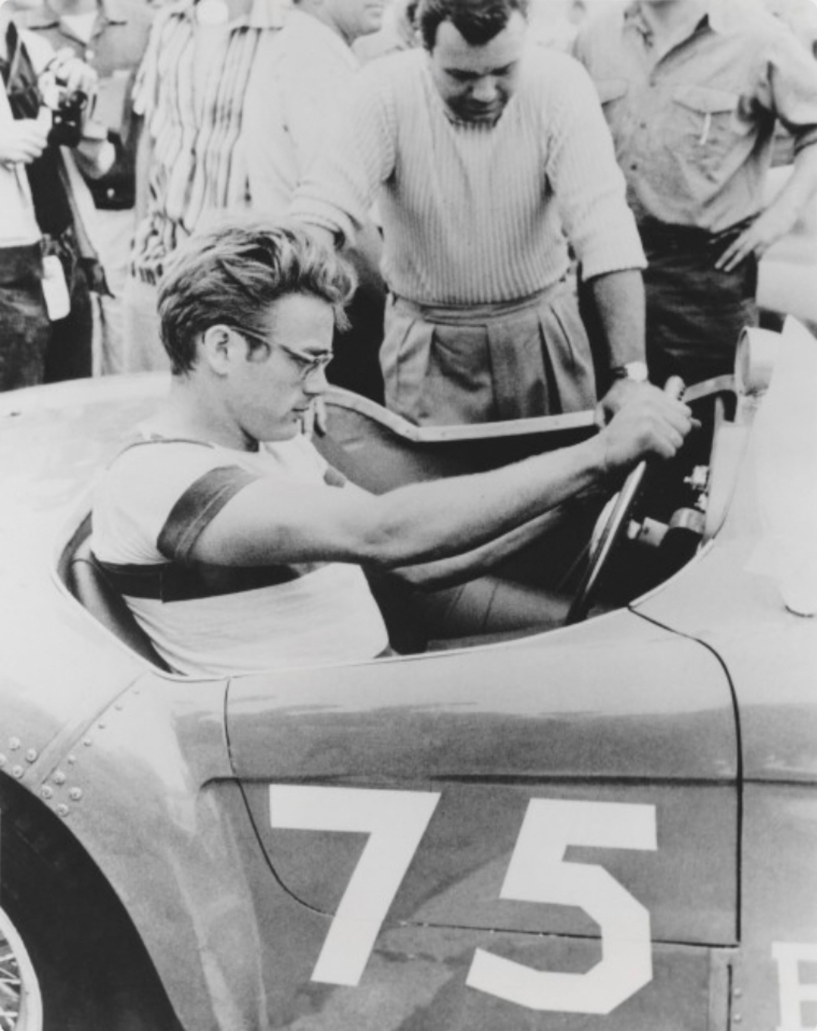 Globe Photo Archives Black and White Photograph - James Dean Behind the Wheel in his Porsche Racer -  Oversize Limited Print 