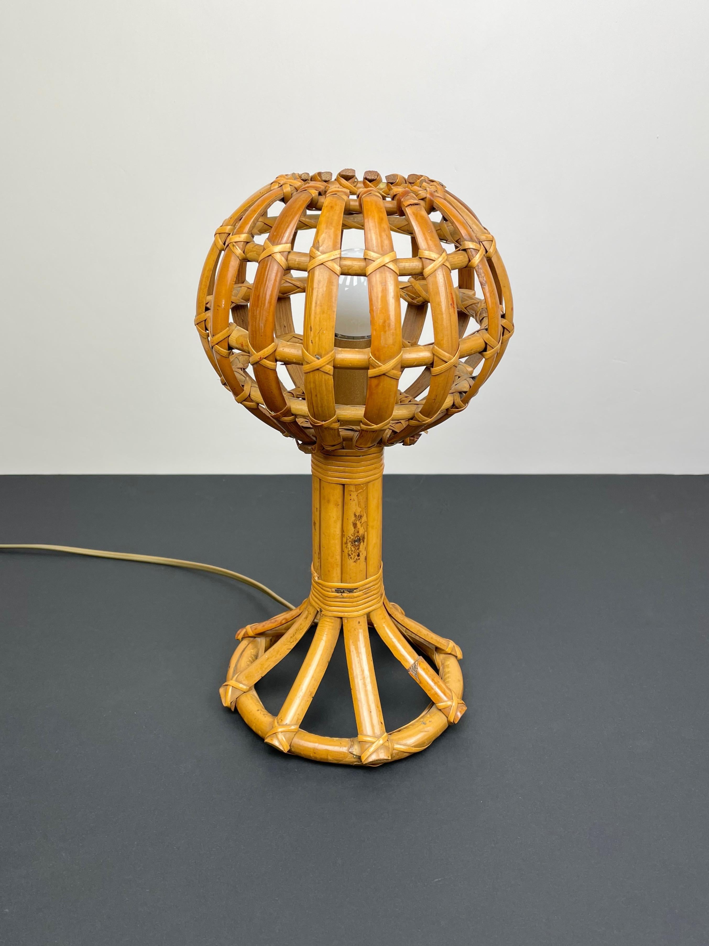 Mid-Century Modern Globe Rattan Table Lamp Louis Sognot Style, France, 1960s