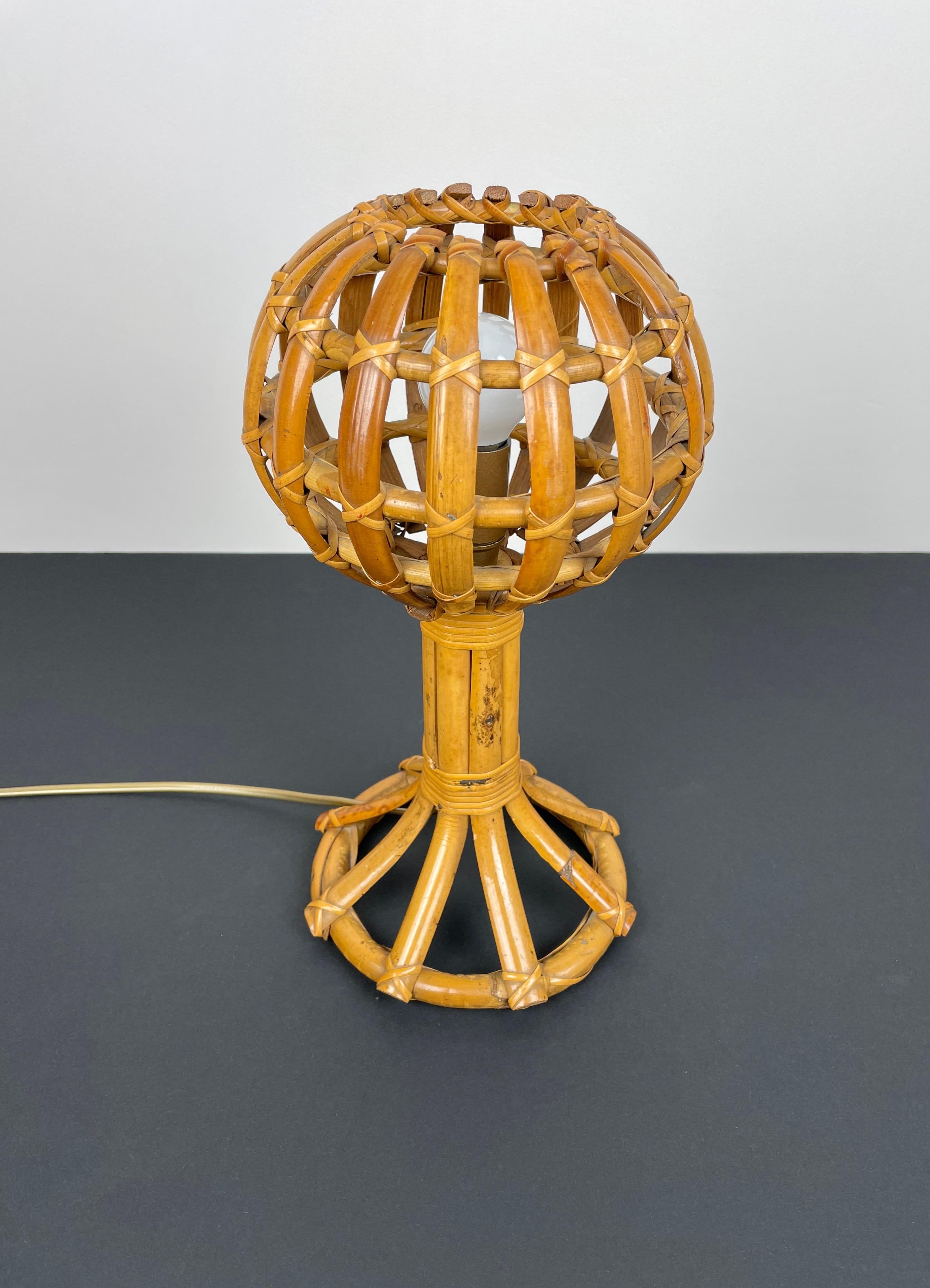 French Globe Rattan Table Lamp Louis Sognot Style, France, 1960s
