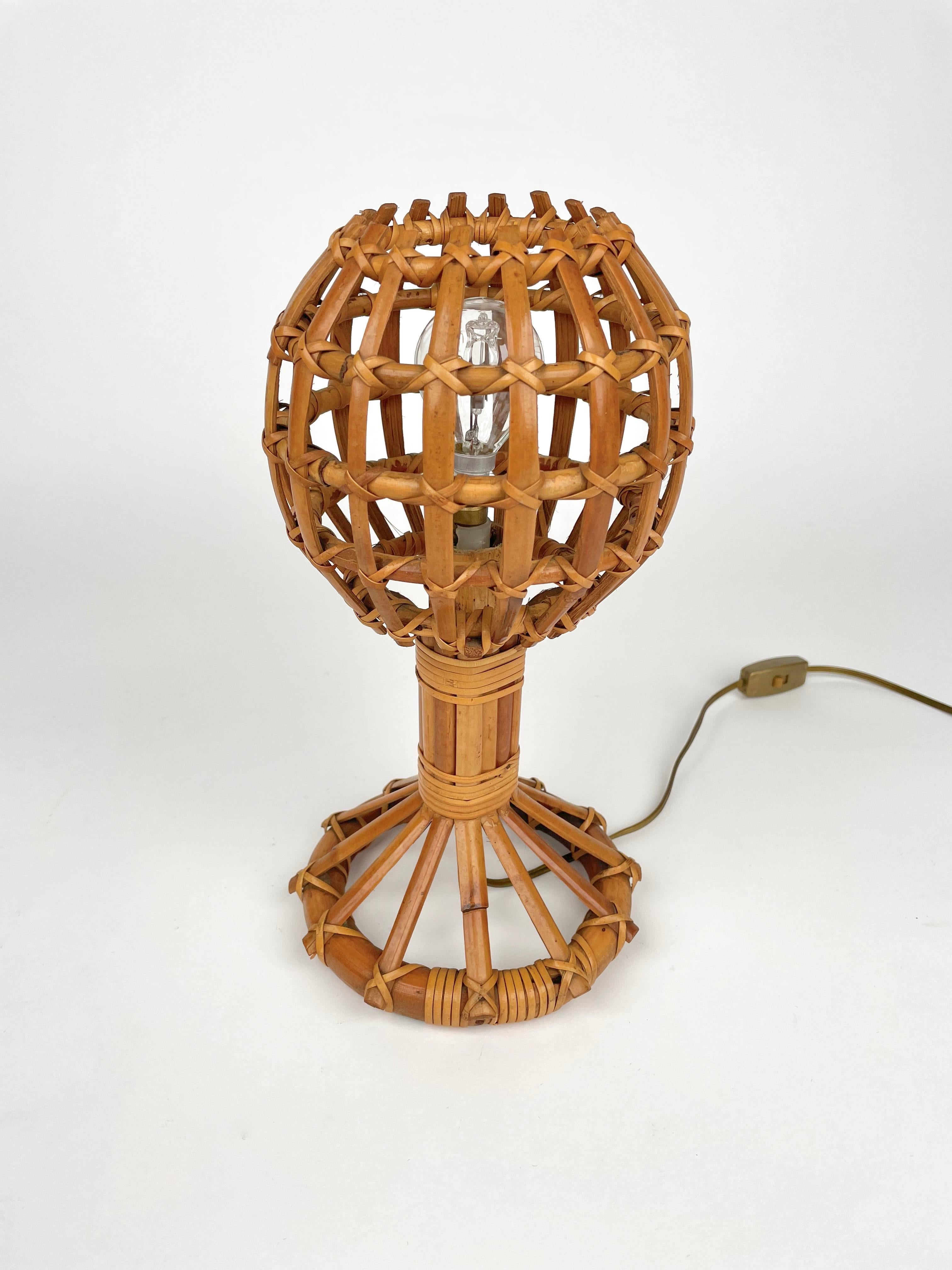 French Globe Rattan Table Lamp Louis Sognot Style, France, 1960s For Sale