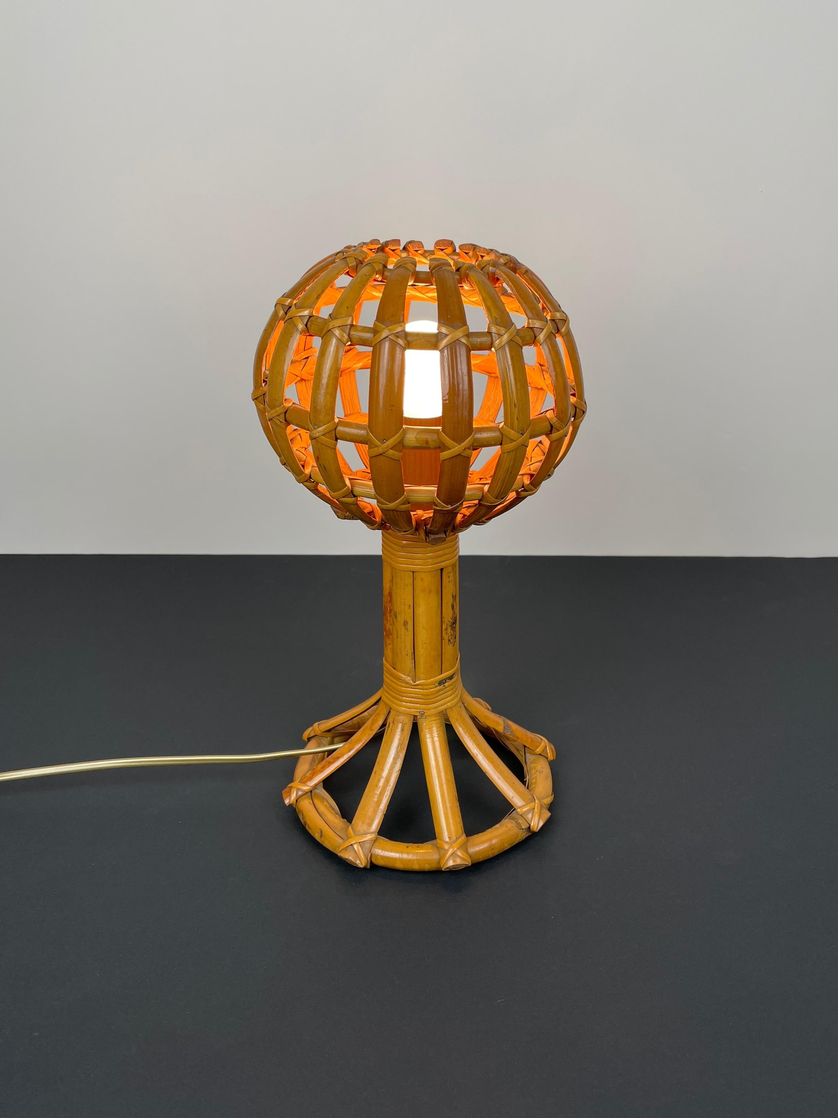 Mid-20th Century Globe Rattan Table Lamp Louis Sognot Style, France, 1960s