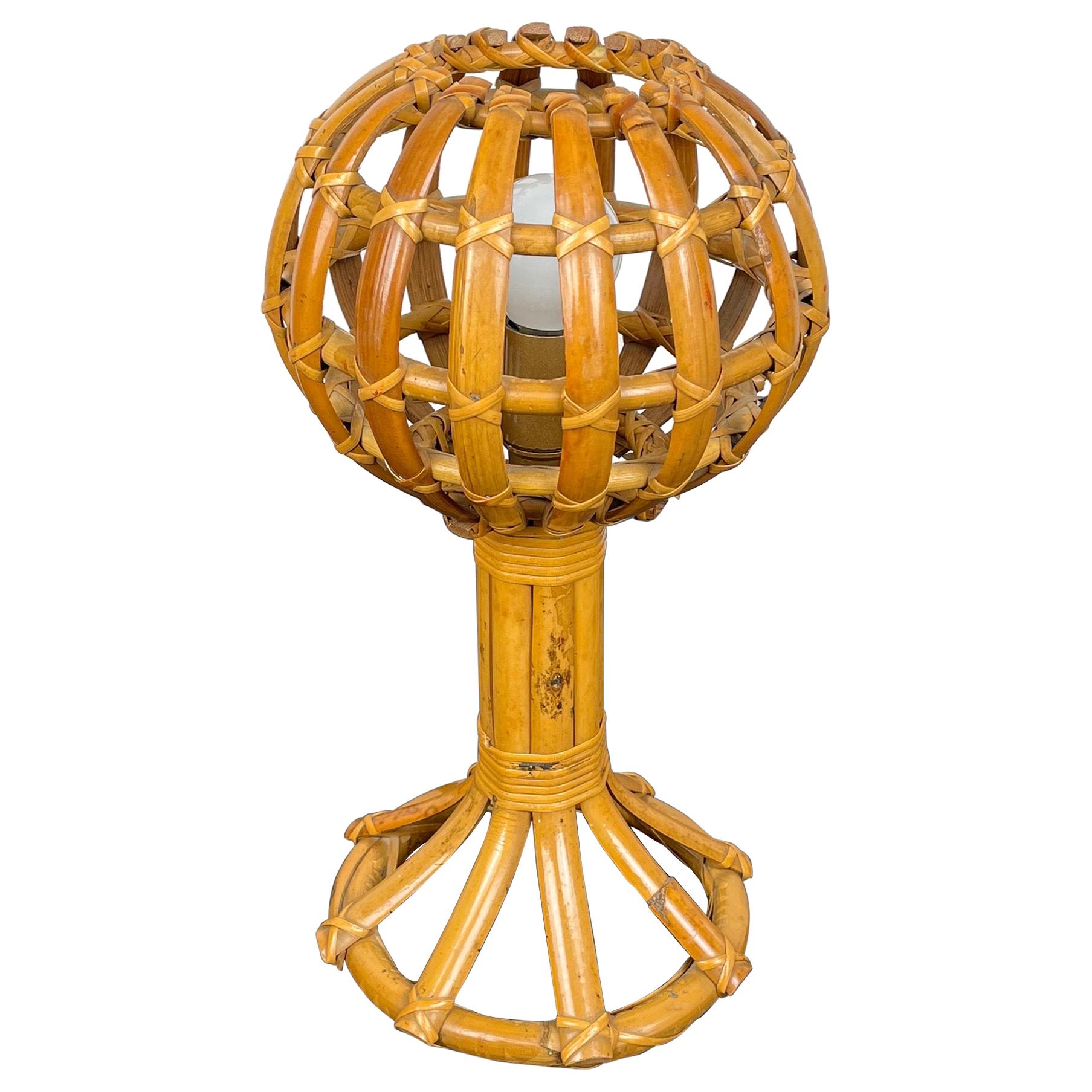 Globe Rattan Table Lamp Louis Sognot Style, France, 1960s