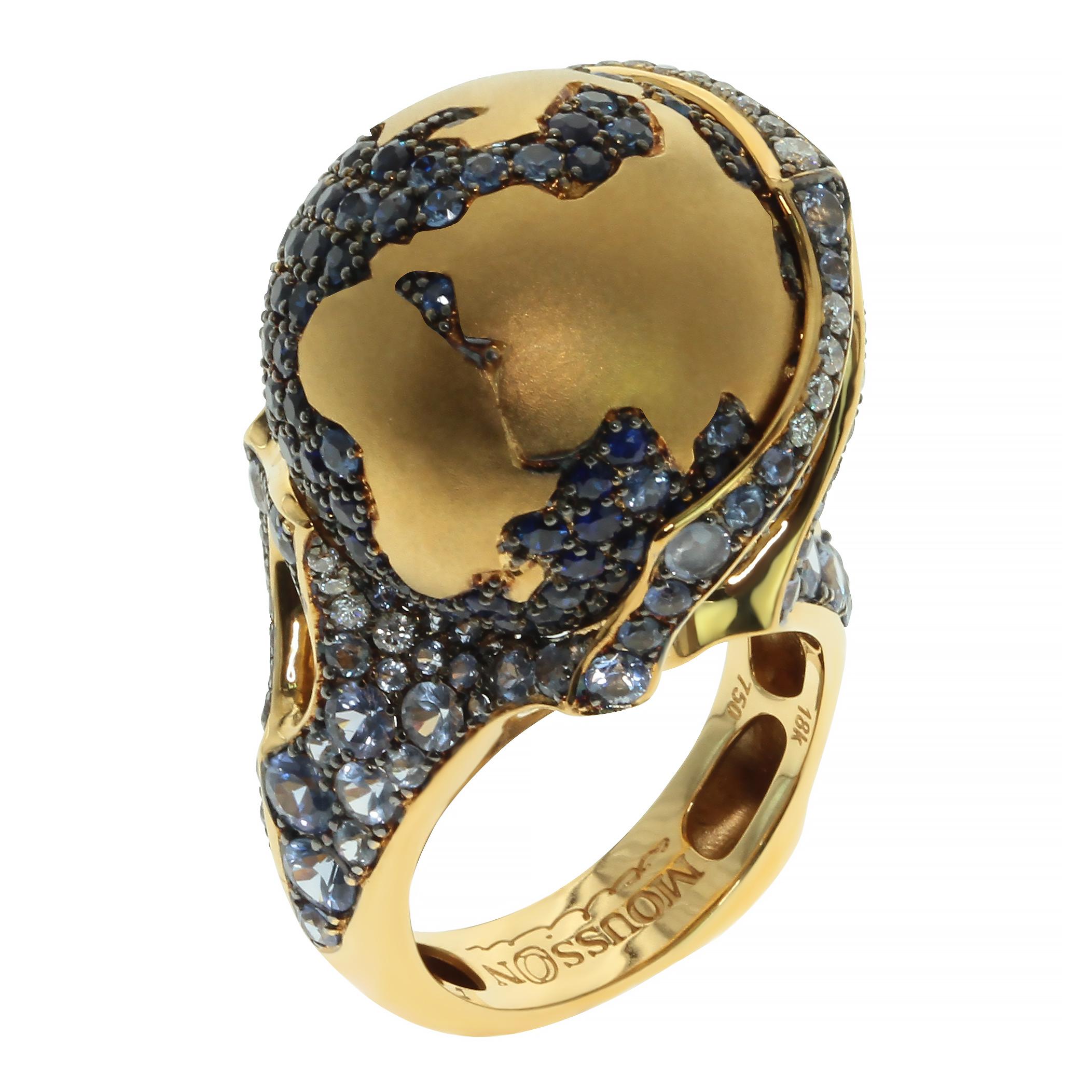 Globe Ring Diamonds Sapphire 18 Karat Yellow Gold
Would you like to have the whole world on your finger? You have this opportunity. One of a kind Globe Ring have super-stylish Design, setted with five-color blue Sapphires and Diamonds. Globe is
