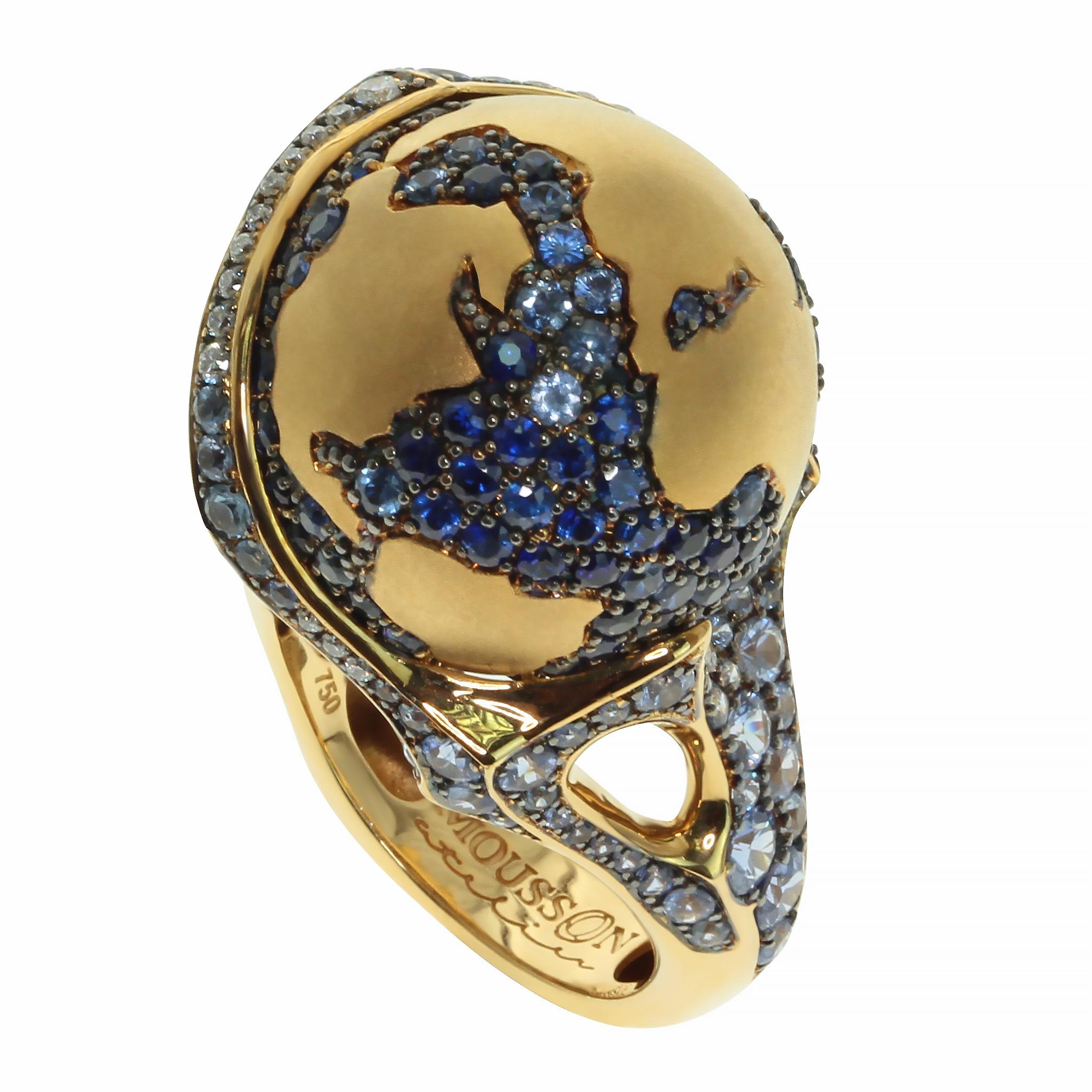 Anillo Globo Diamantes Zafiro Oro Amarillo 18 Kilates Contemporáneo