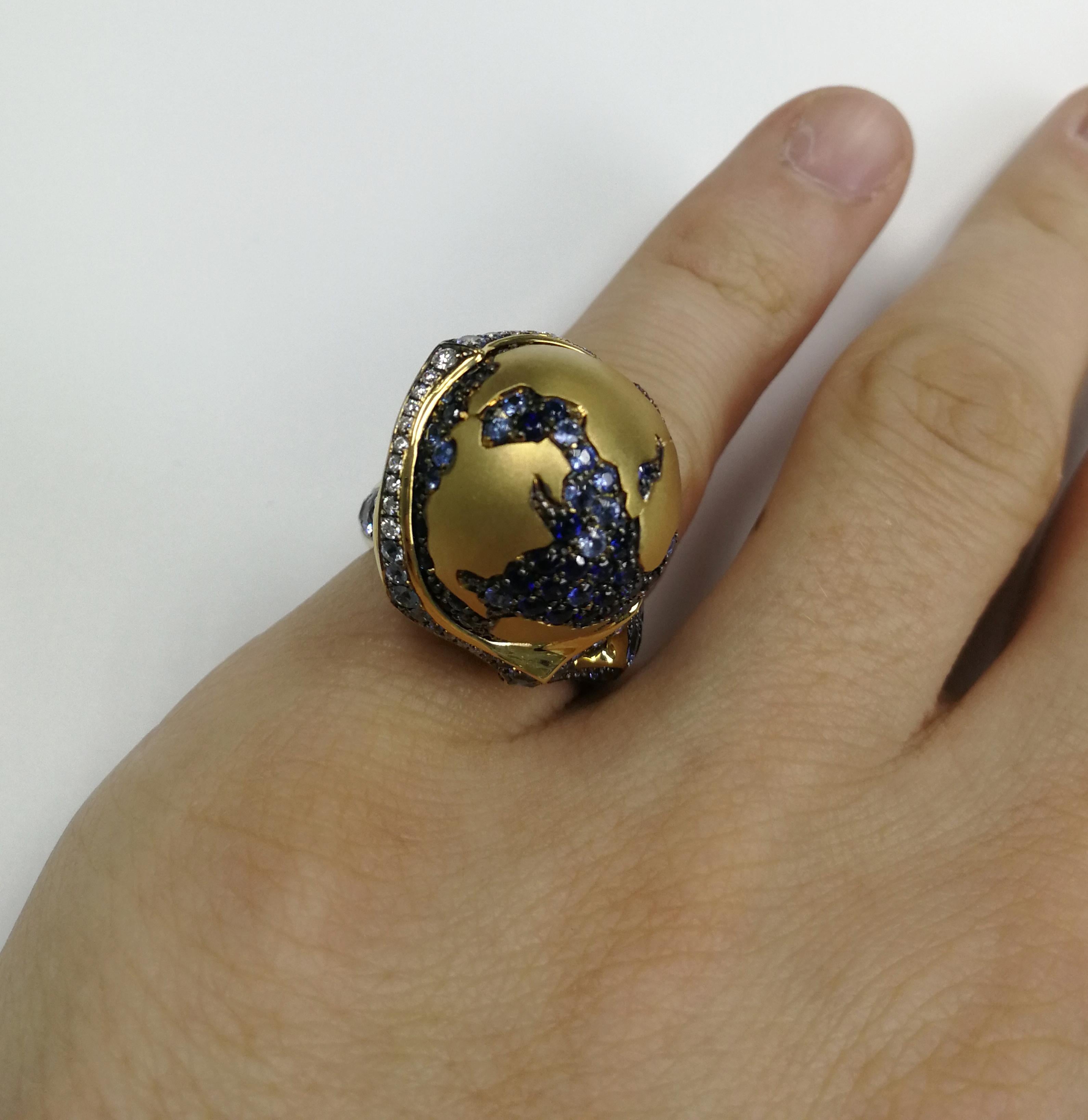 Anillo Globo Diamantes Zafiro Oro Amarillo 18 Kilates Corte redondo