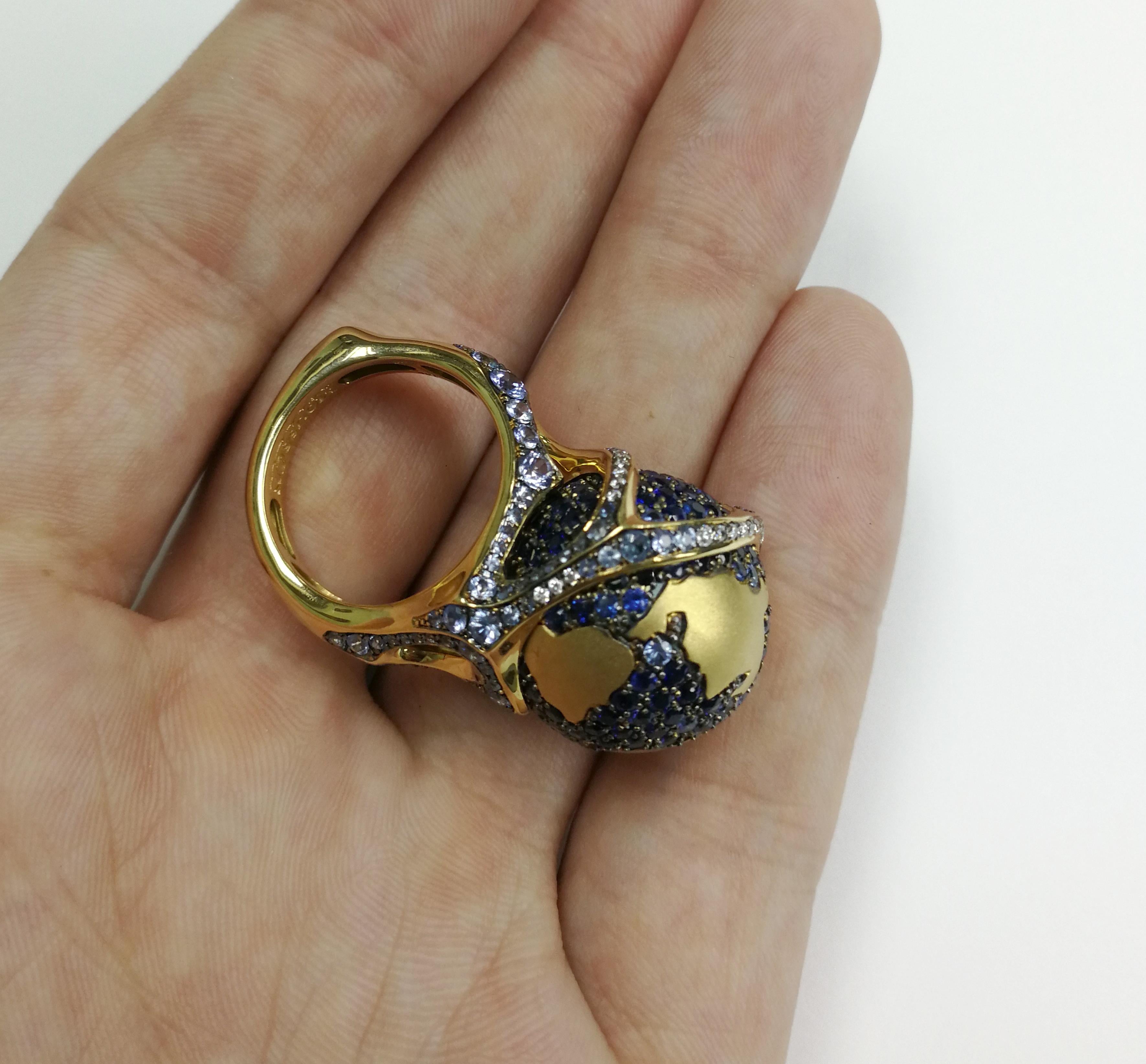 Contemporary Globe Ring Diamonds Sapphire 18 Karat Yellow Gold For Sale