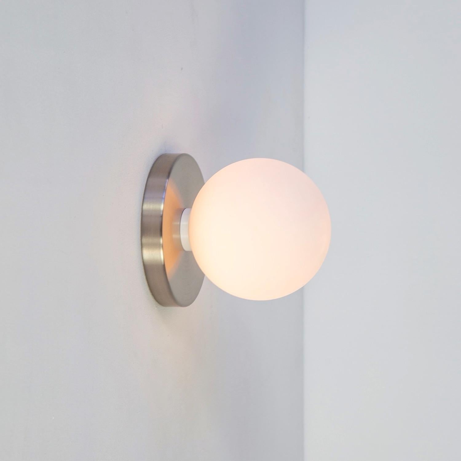 Plated Globe Sconce by Research.Lighting, Brushed Nickel, 5in Glass, In Stock For Sale
