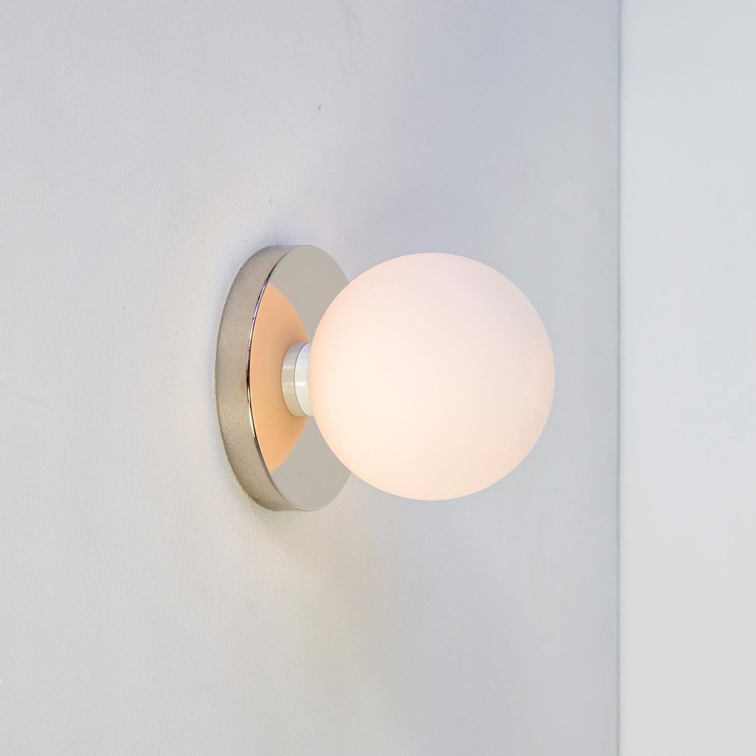 Modern Globe Sconce by Research.Lighting, Polished Nickel, 5in Glass, Made to Order For Sale