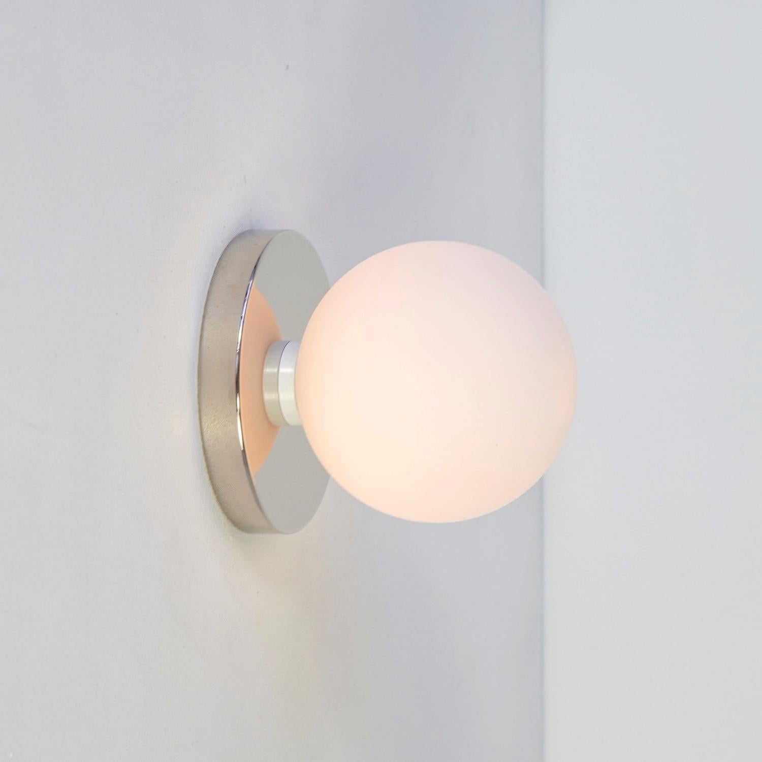 American Globe Sconce by Research.Lighting, Polished Nickel, 5in Glass, Made to Order For Sale
