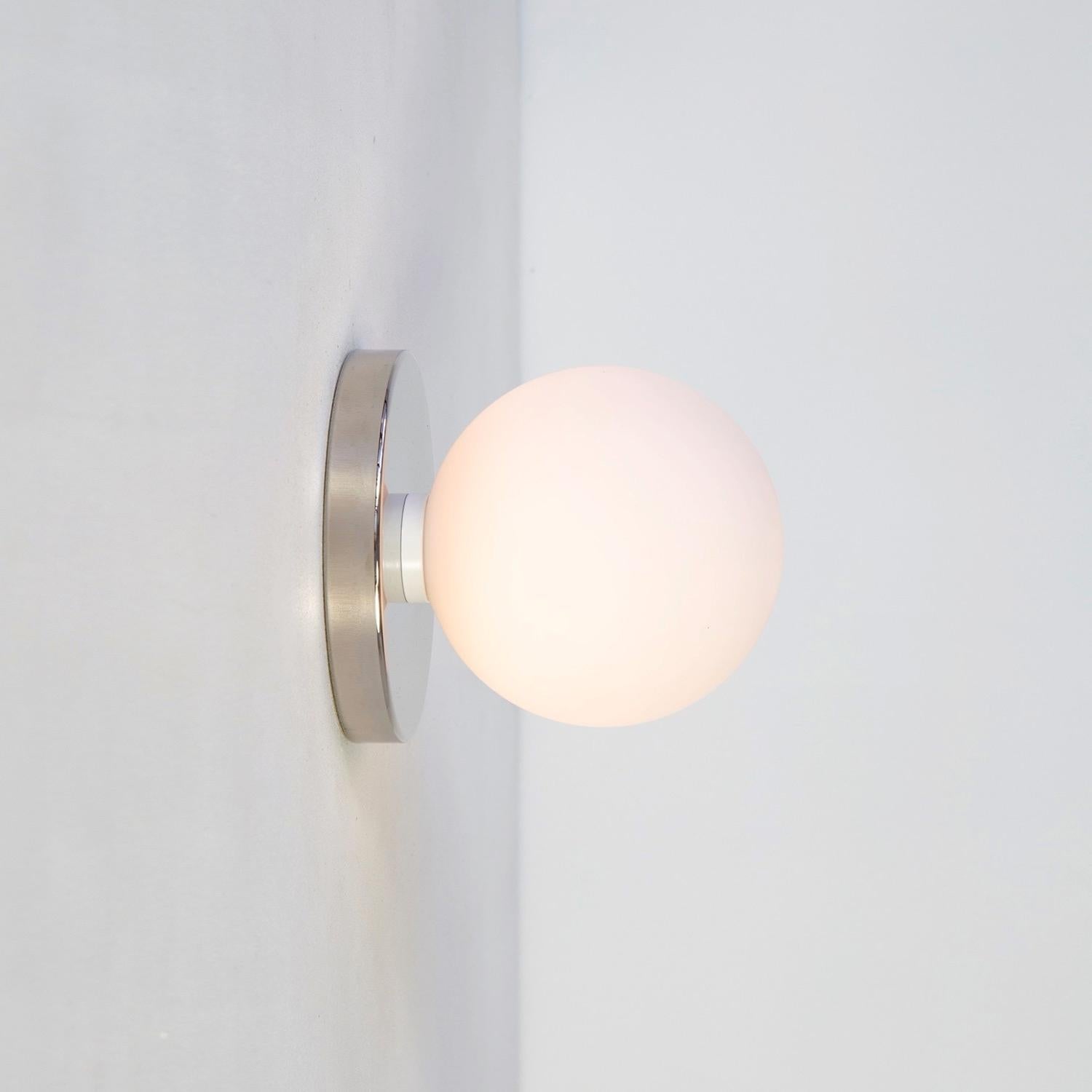 Contemporary Globe Sconce by Research.Lighting, Polished Nickel, 5in Glass, Made to Order For Sale