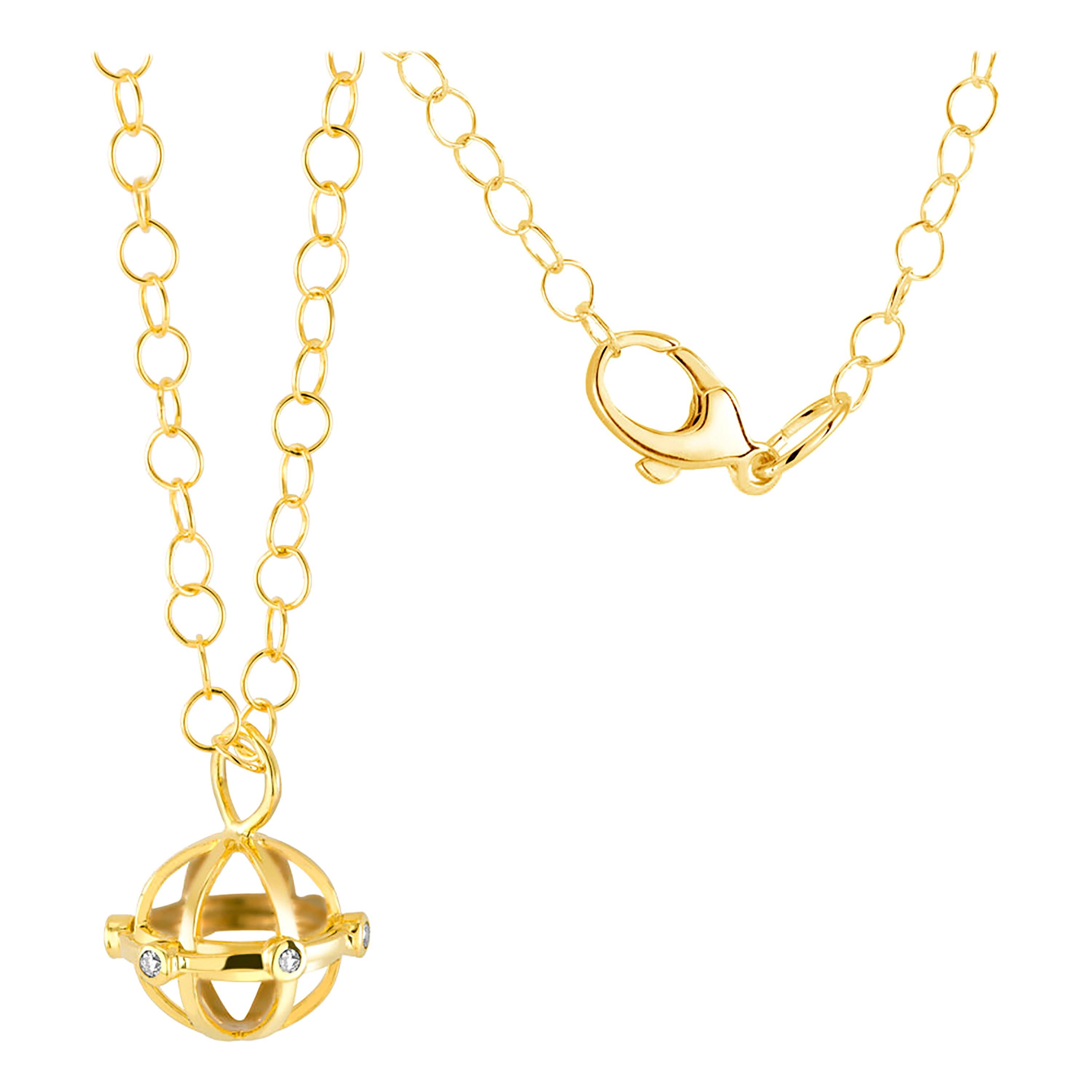 Globe Shape Diamond Charm Silver Pendant Necklace Yellow Gold-Plated