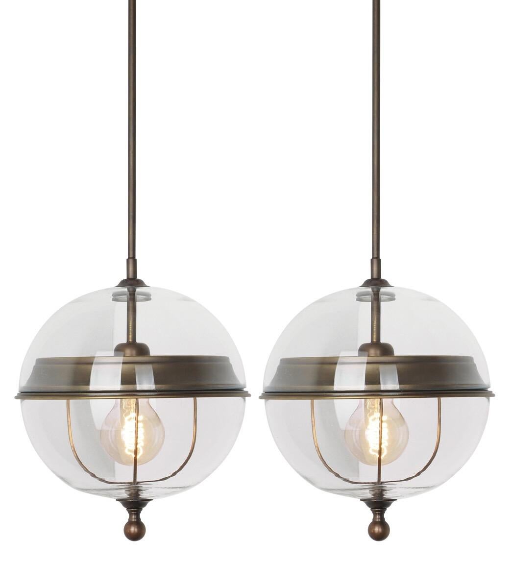 Italian Globe Shaped Clear Glass Pair Pendant Lights, Italy, Contemporary For Sale