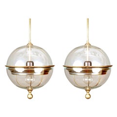 Globe Shaped Clear Glass Pair Pendant Lights, Italy, Contemporary