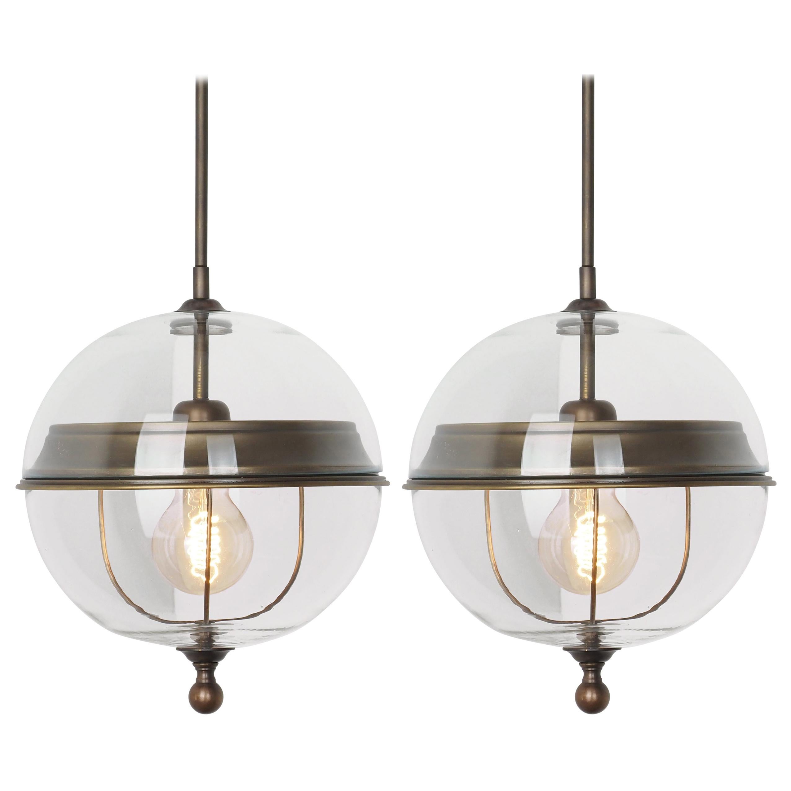 Globe Shaped Clear Glass Pair Pendant Lights, Italy, Contemporary For Sale