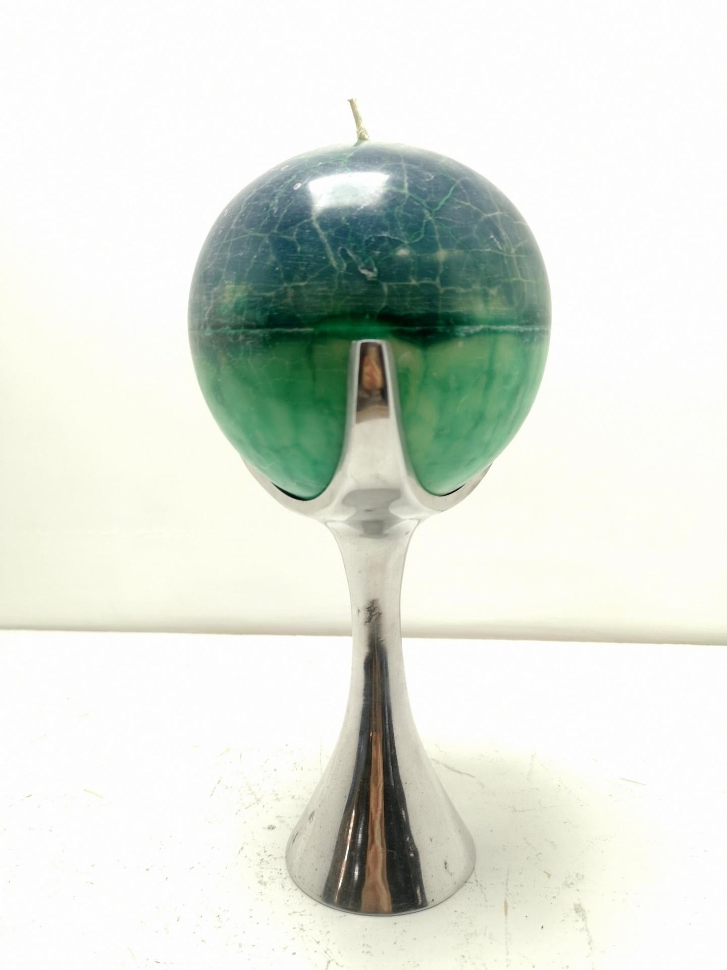 Globe Shaped Mid-Century Candleholder of Brushed Aluminium, 1970s In Good Condition In Budapest, HU