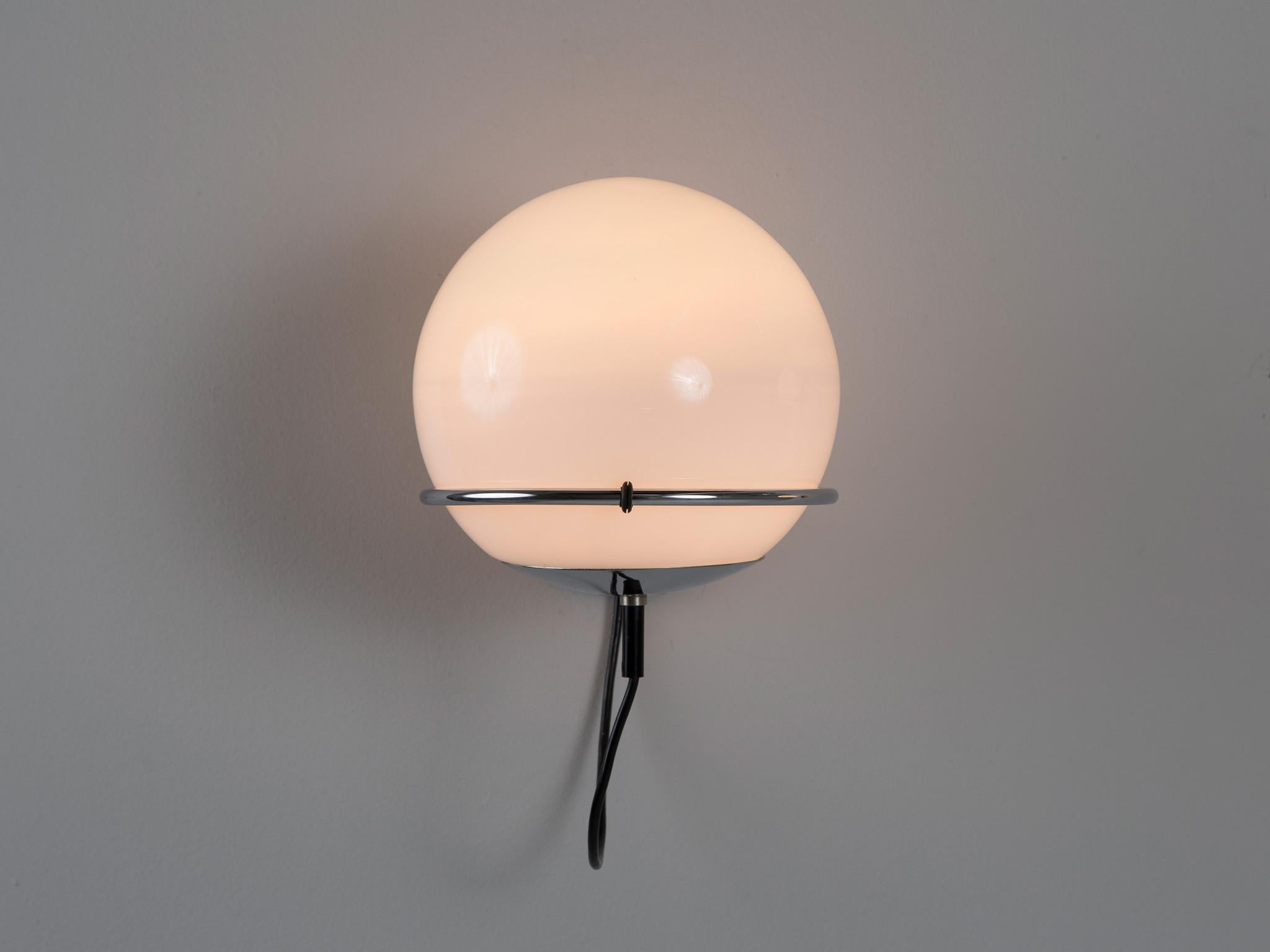 Wall light, opaline glass, chrome-plated metal, Europe, 1970s. 

This lovely wall light is suitable for bringing more ambience in one's interior. The construction is based on a wall-mounted system that secures the silver colored ring. The opaline