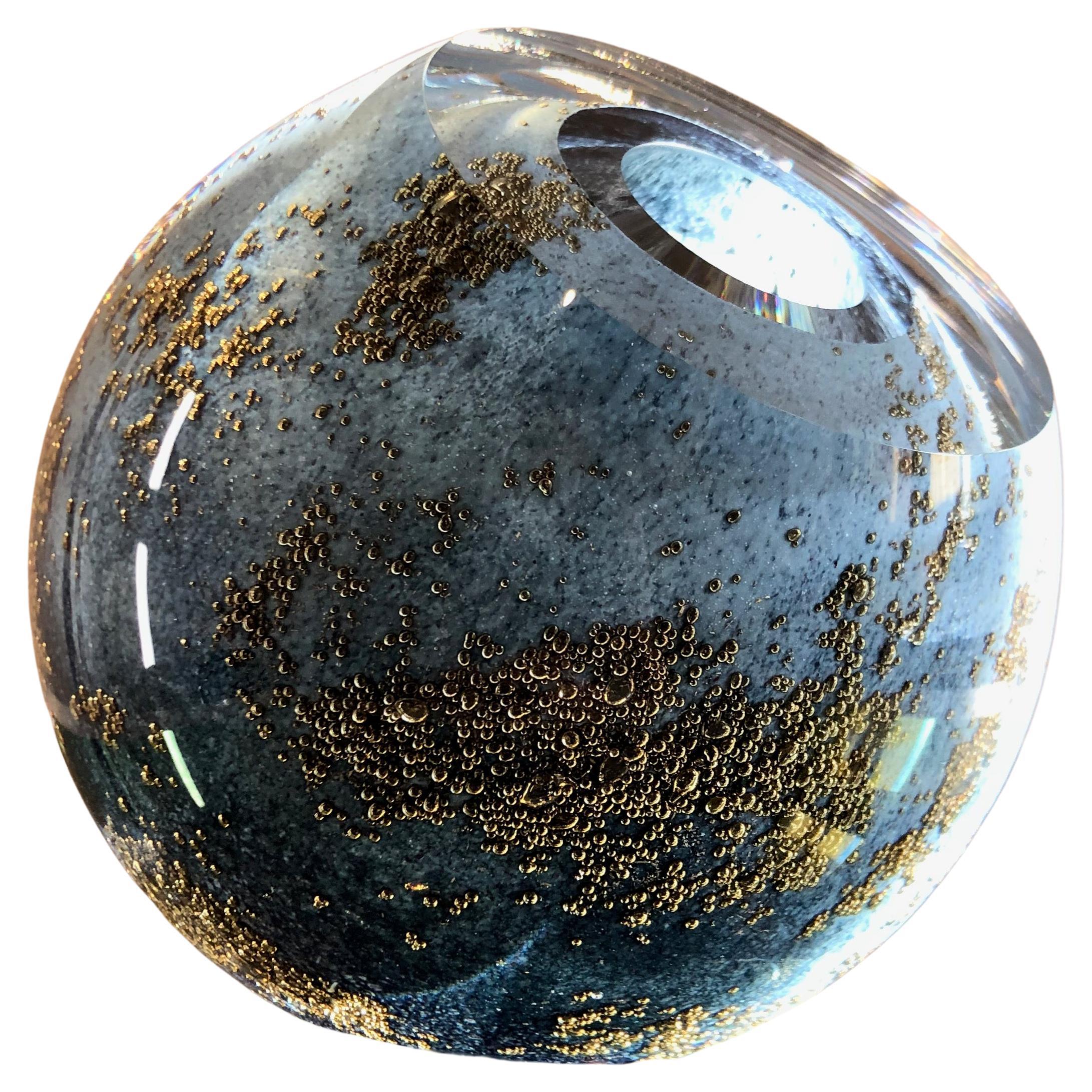 'Globe' Spherical Mouth-Blown Glass Vase in Blue and Golden Clusters