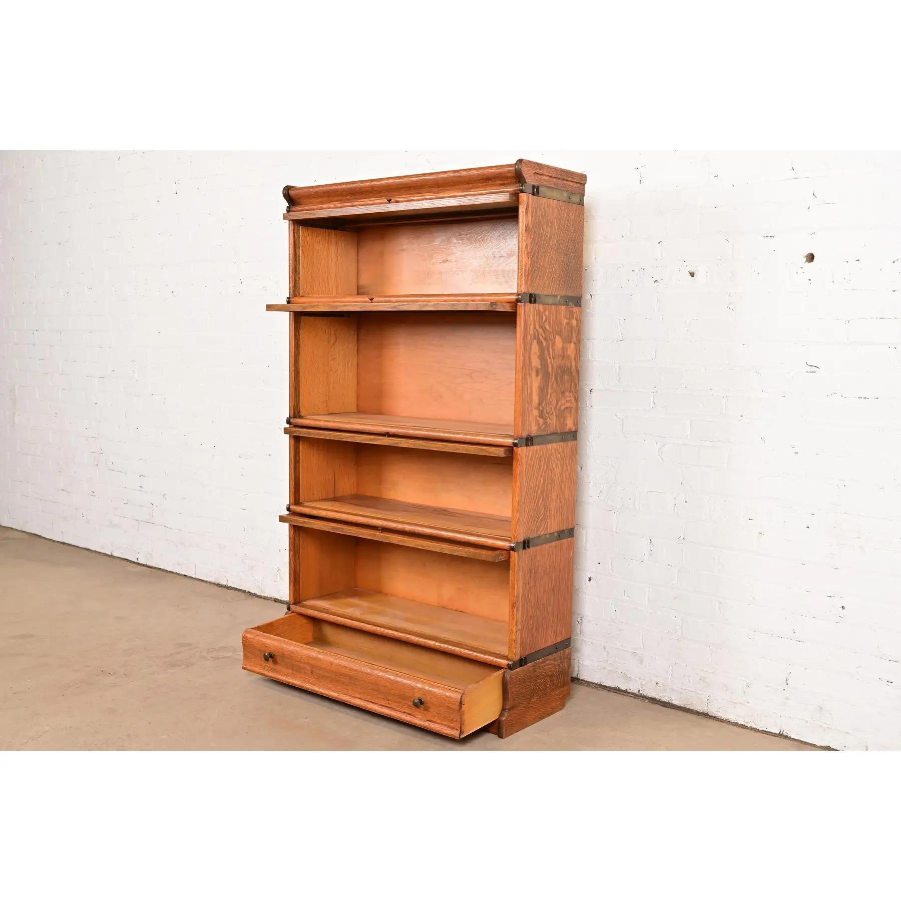 Brass Globe Wernicke Antique Arts & Crafts Oak Four-Stack Barrister Bookcase For Sale