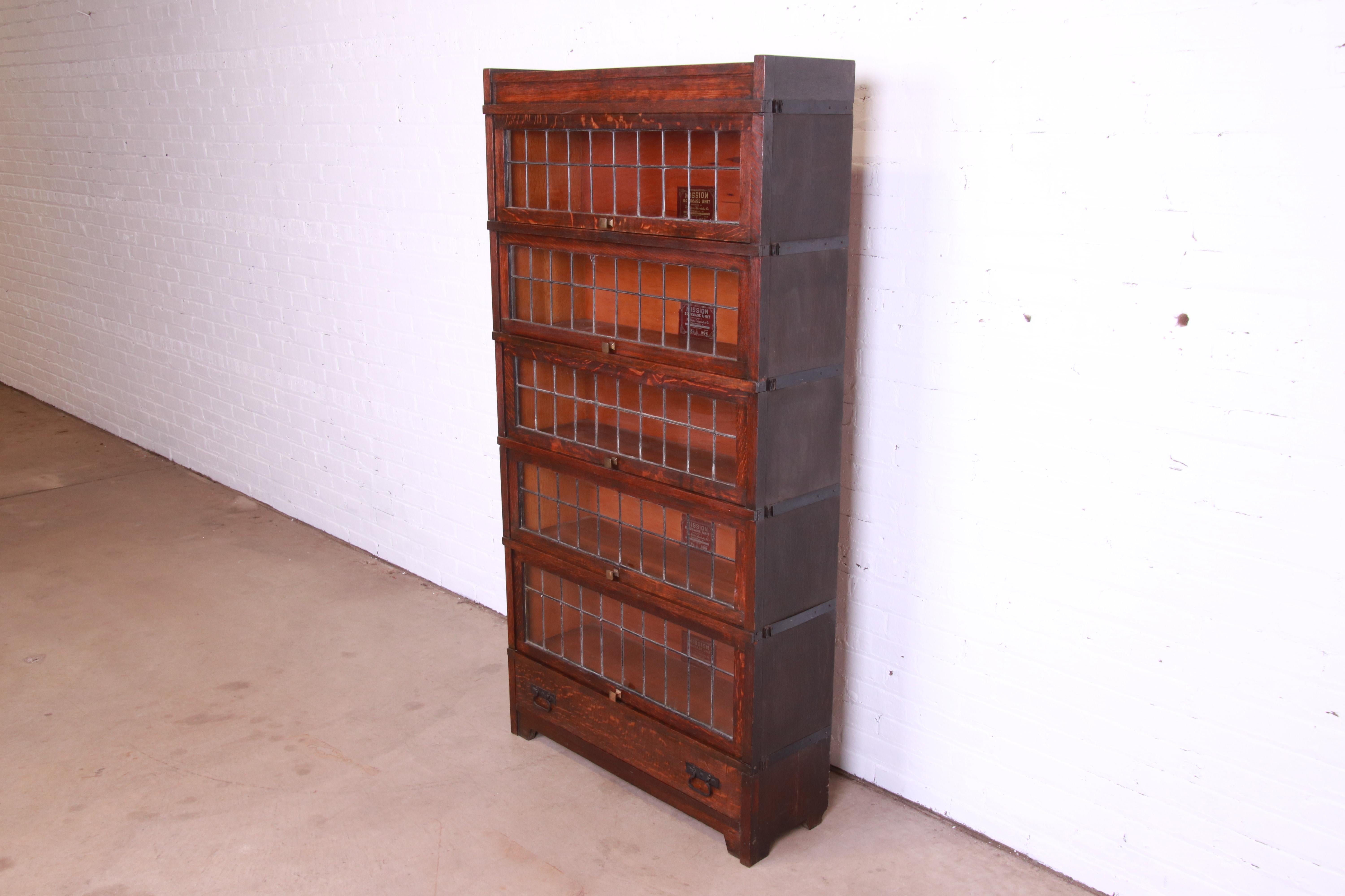 American Globe Wernicke Antique Mission Oak Five-Stack Leaded Glass Barrister Bookcase