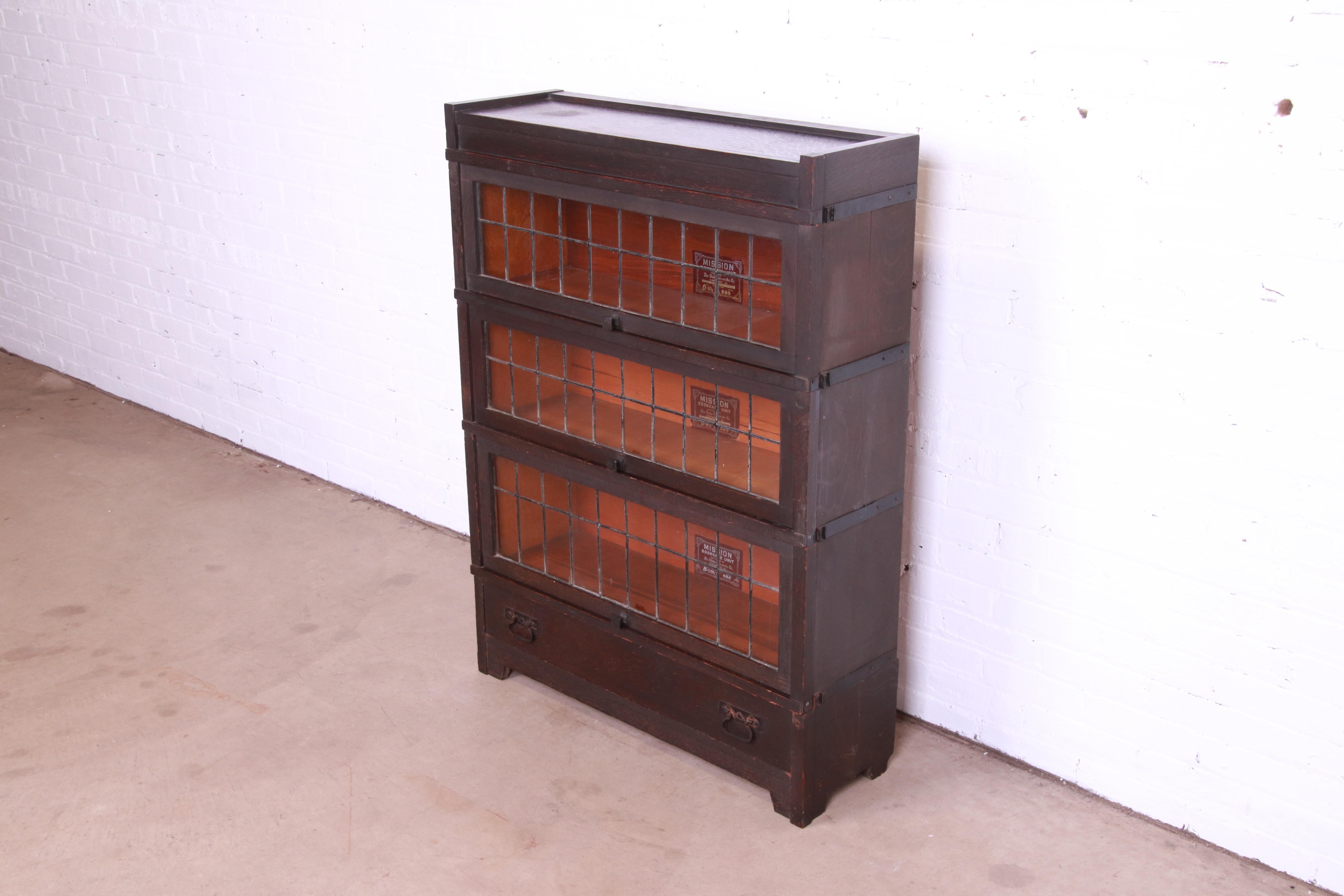 20th Century Globe Wernicke Antique Mission Oak Three-Stack Leaded Glass Barrister Bookcase