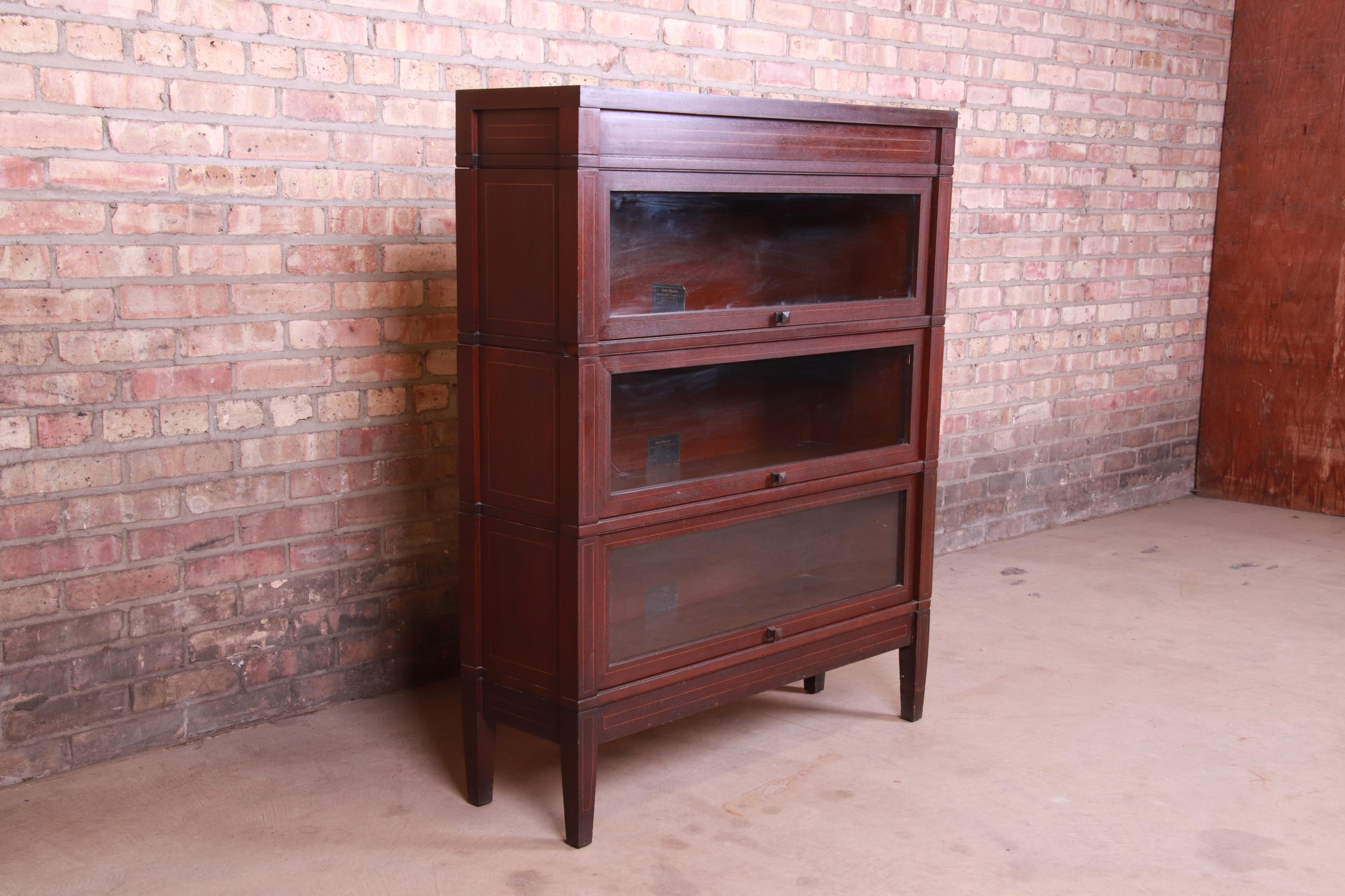 Globe Wernicke Antique Three-Stack Mahogany Barrister Bookcase, circa 1920s In Good Condition In South Bend, IN