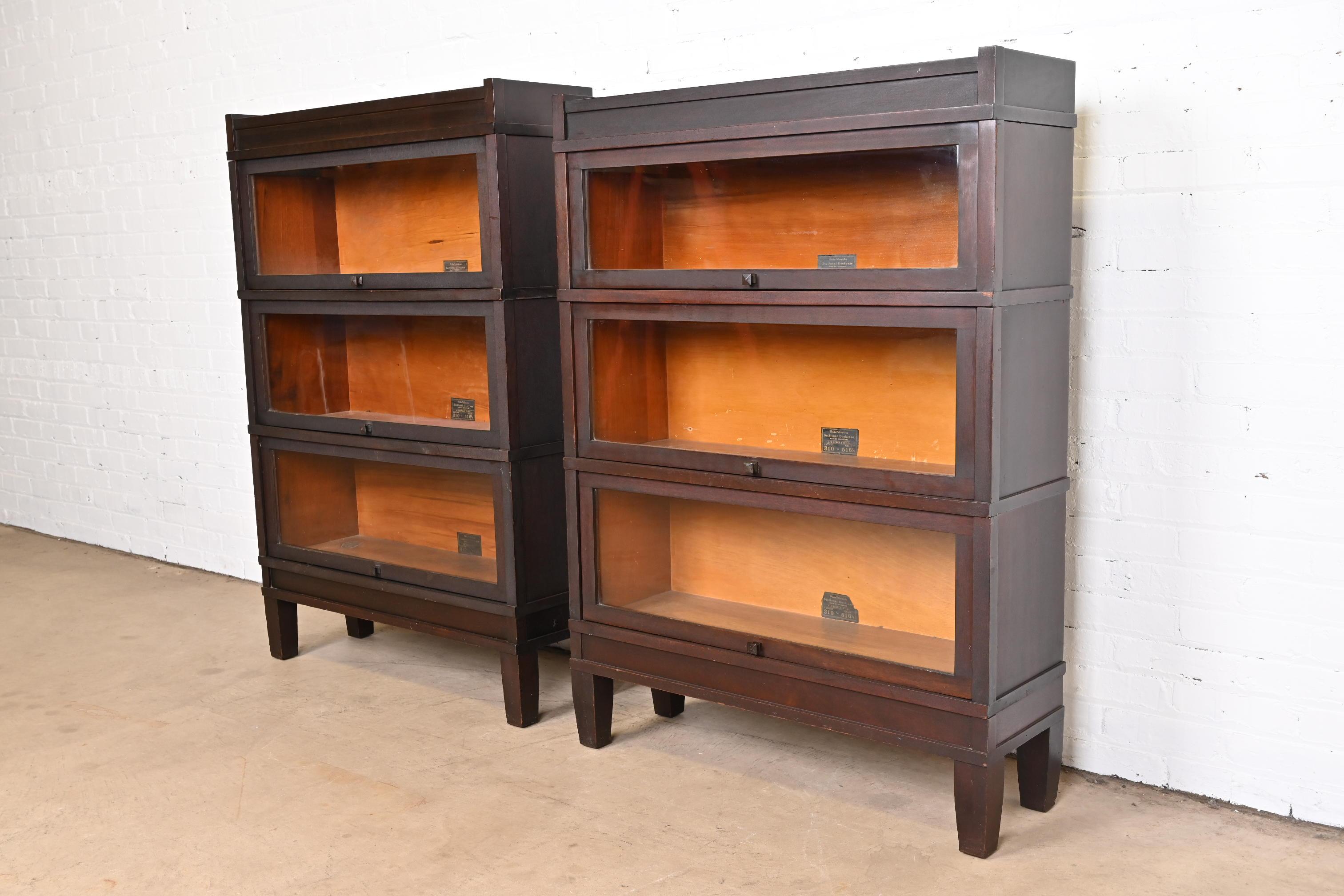 Globe Wernicke Arts and Crafts Mahogany Three-Stack Barrister Bookcases, Pair In Good Condition In South Bend, IN