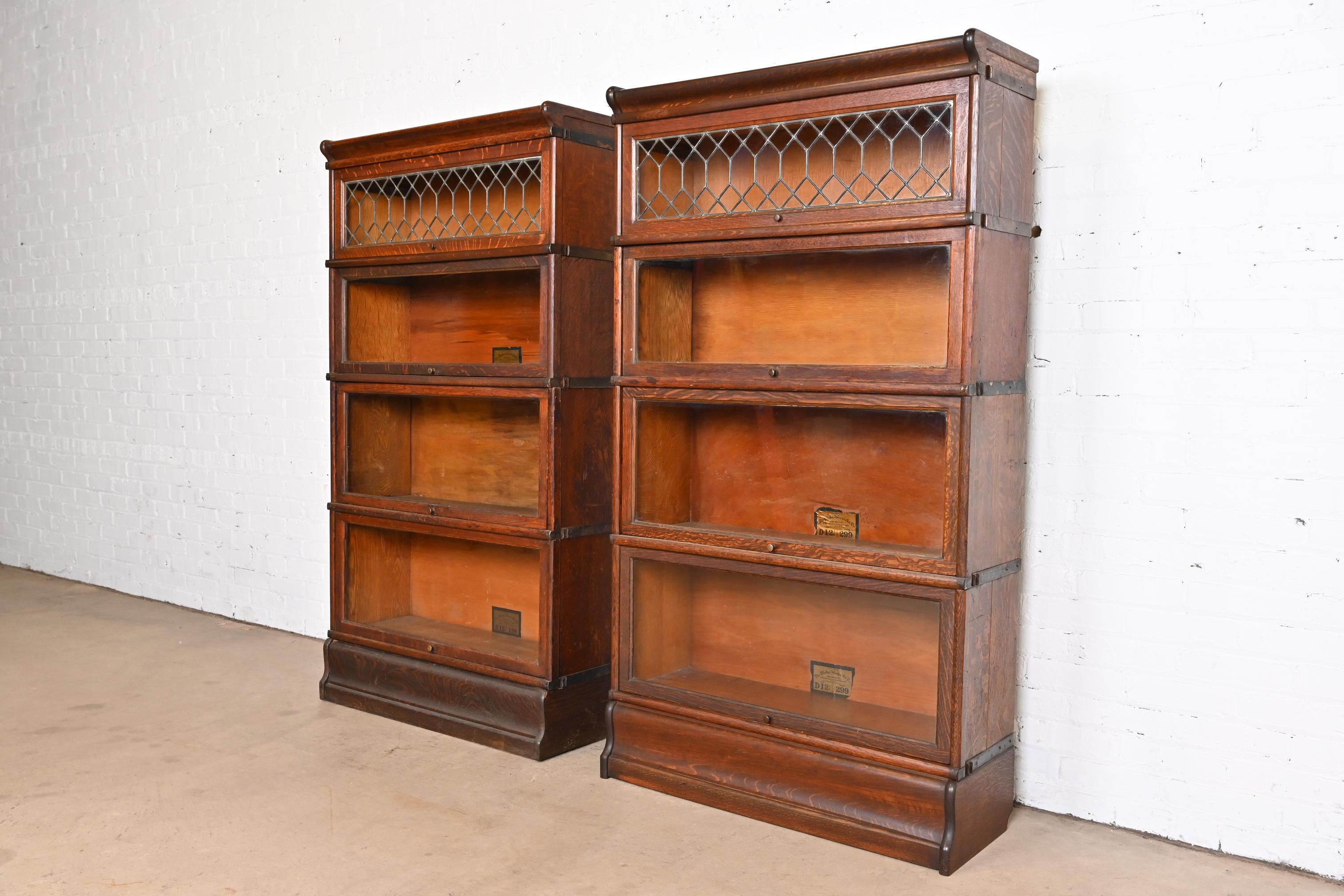 Arts and Crafts Globe Wernicke Arts & Crafts Oak Barrister Bookcases With Leaded Glass, Pair
