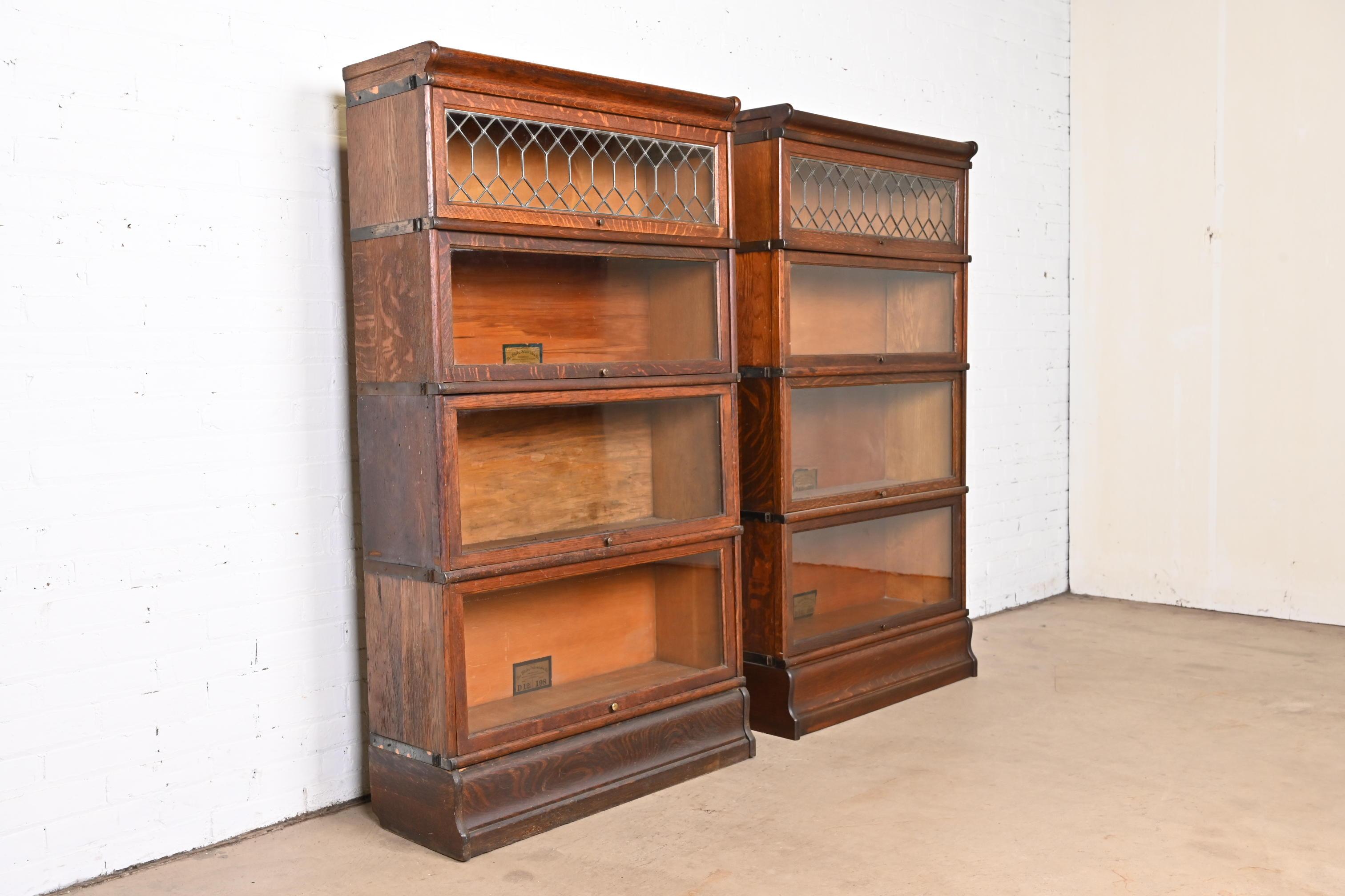 20th Century Globe Wernicke Arts & Crafts Oak Barrister Bookcases With Leaded Glass, Pair