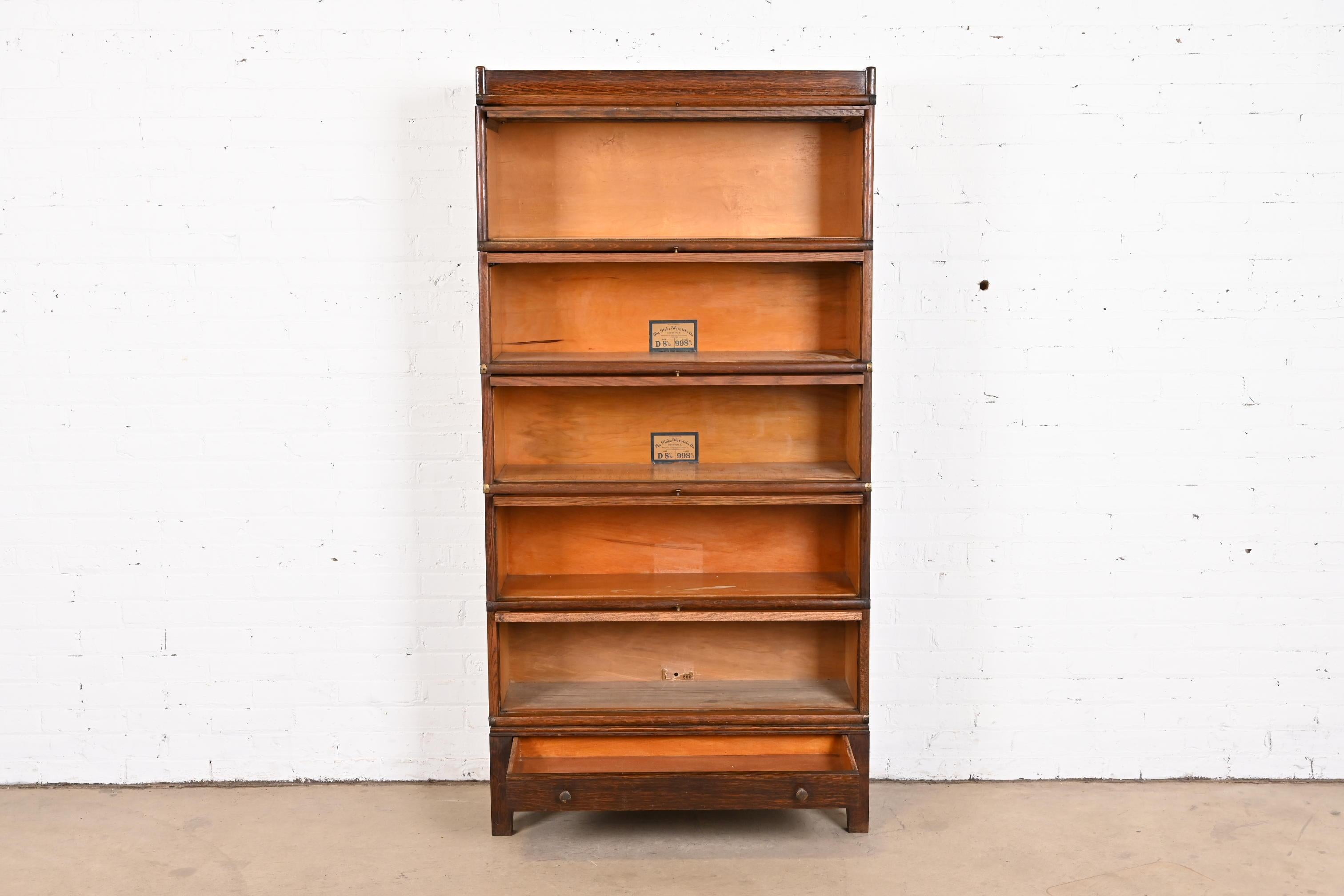 20th Century Globe Wernicke Arts & Crafts Oak Five-Stack Barrister Bookcase with Leaded Glass