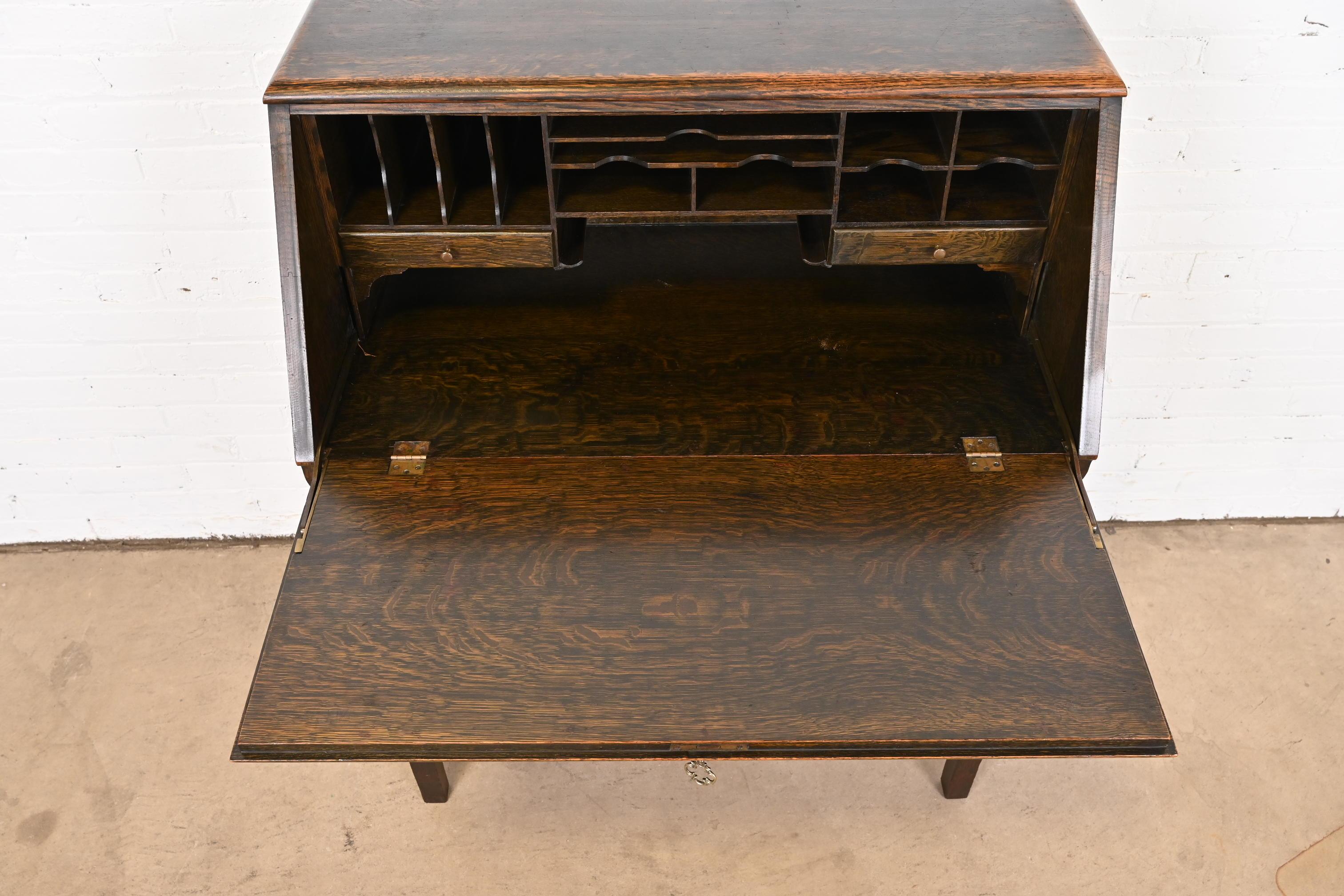 Brass Globe Wernicke Arts & Crafts Oak Secretary Desk with Leaded Glass Bookcase