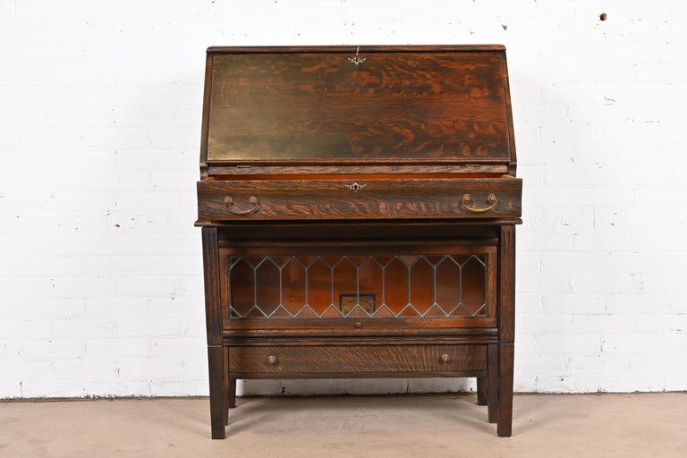 Globe Wernicke Arts and Crafts Oak Secretary Desk with Leaded Glass