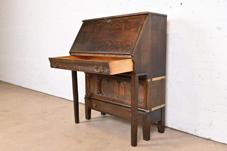 Globe Wernicke Arts and Crafts Oak Secretary Desk with Leaded Glass