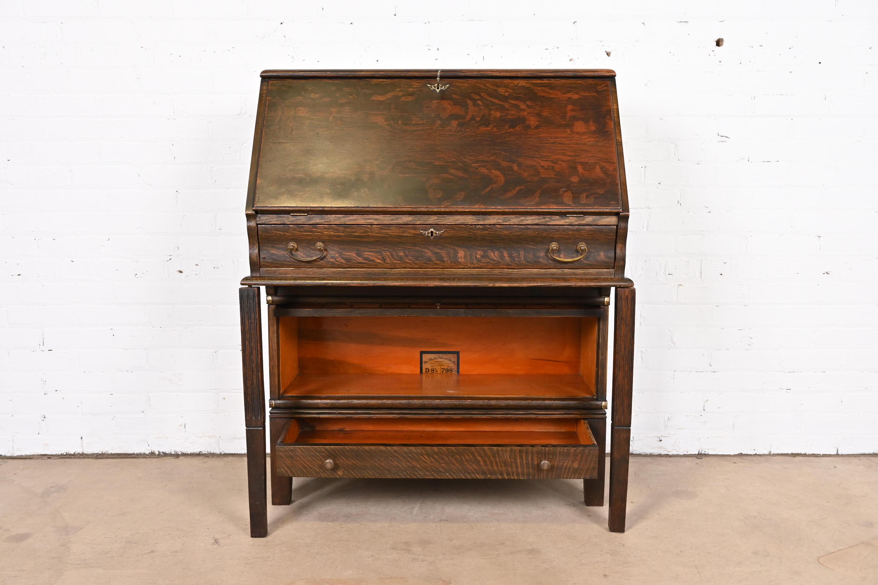 Globe Wernicke Arts & Crafts Oak Secretary Desk with Leaded Glass Bookcase 7