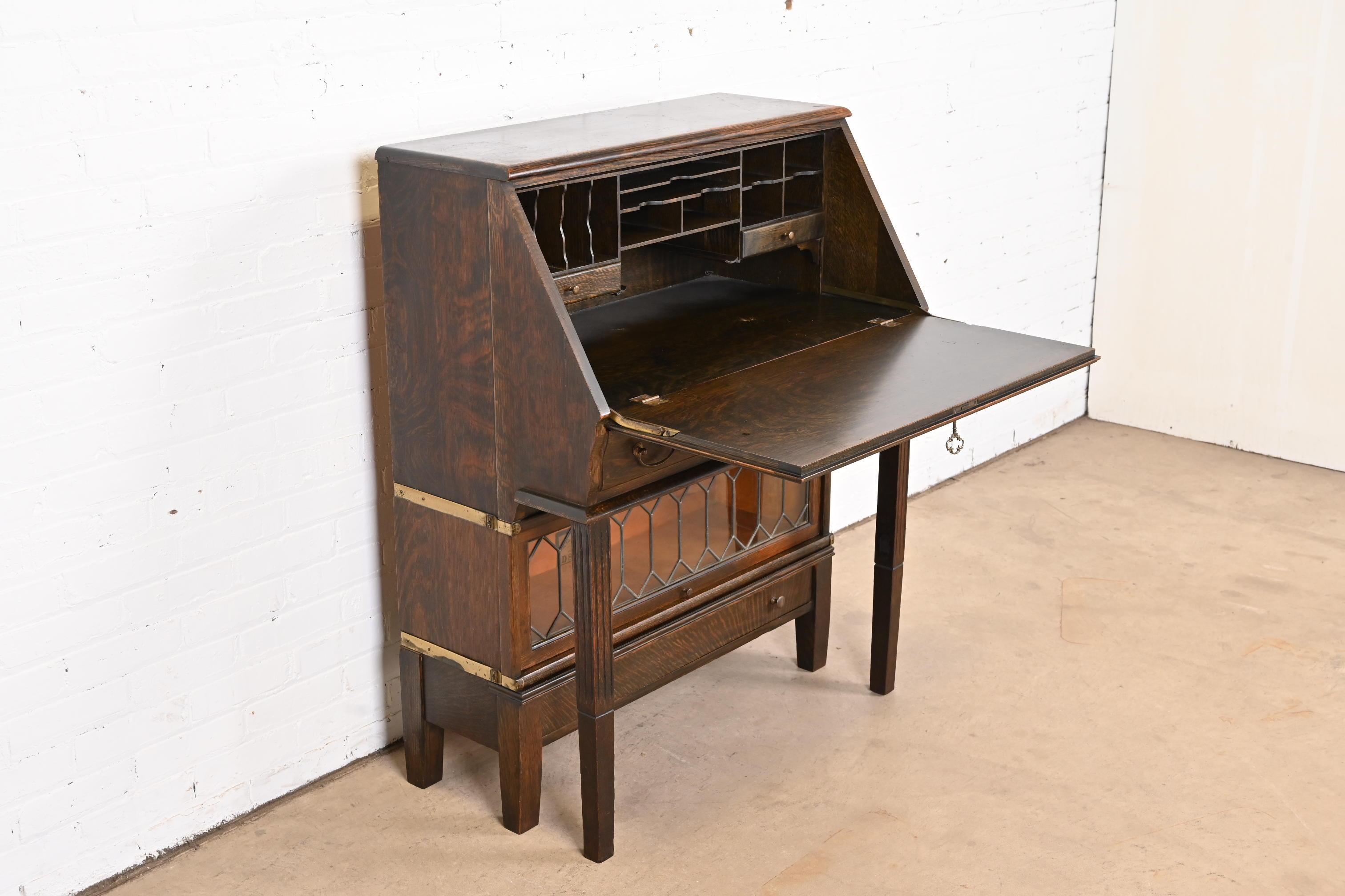 20th Century Globe Wernicke Arts & Crafts Oak Secretary Desk with Leaded Glass Bookcase