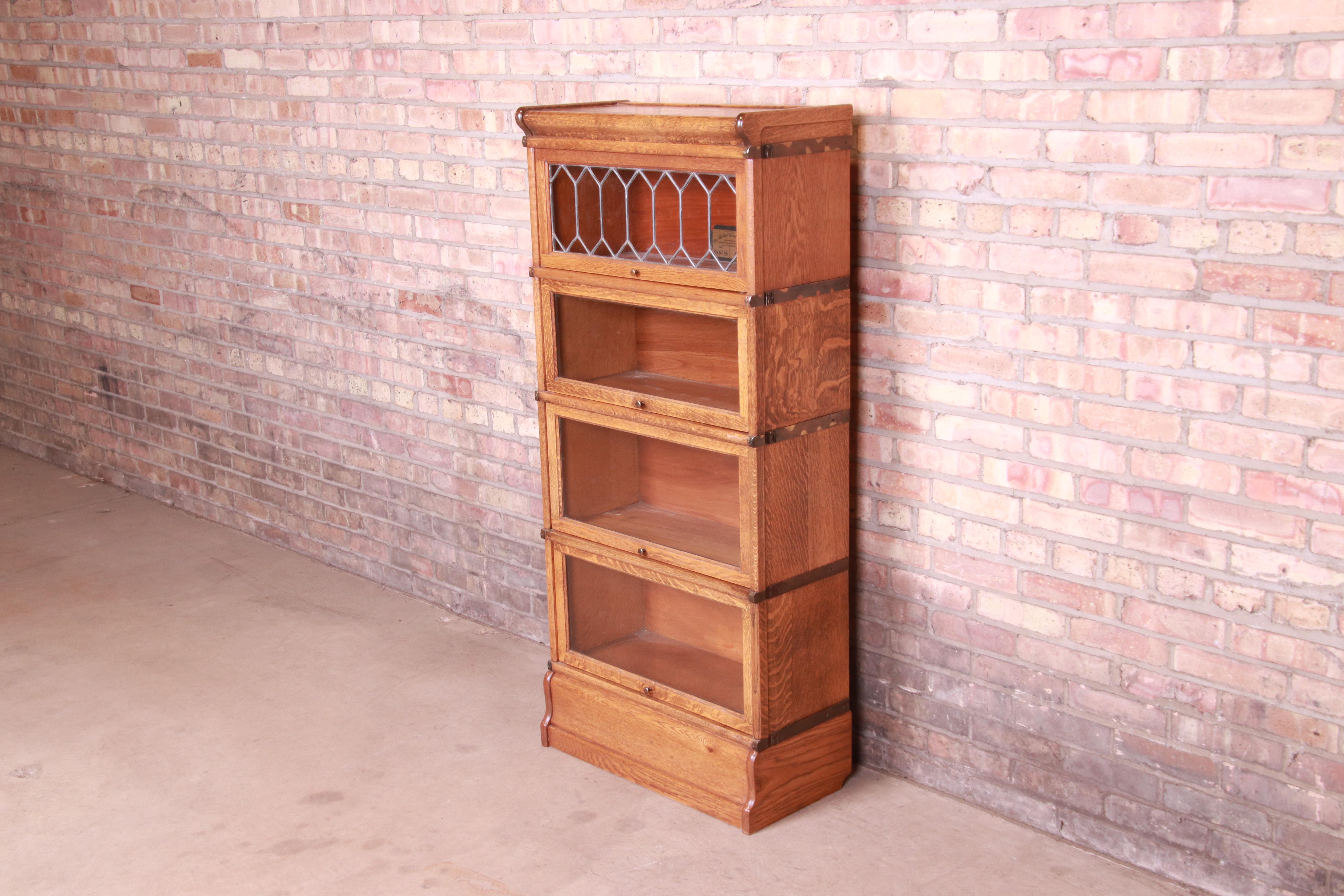 Arts and Crafts Globe Wernicke Four-Stack Barrister Bookcase with Leaded Glass, Circa 1900