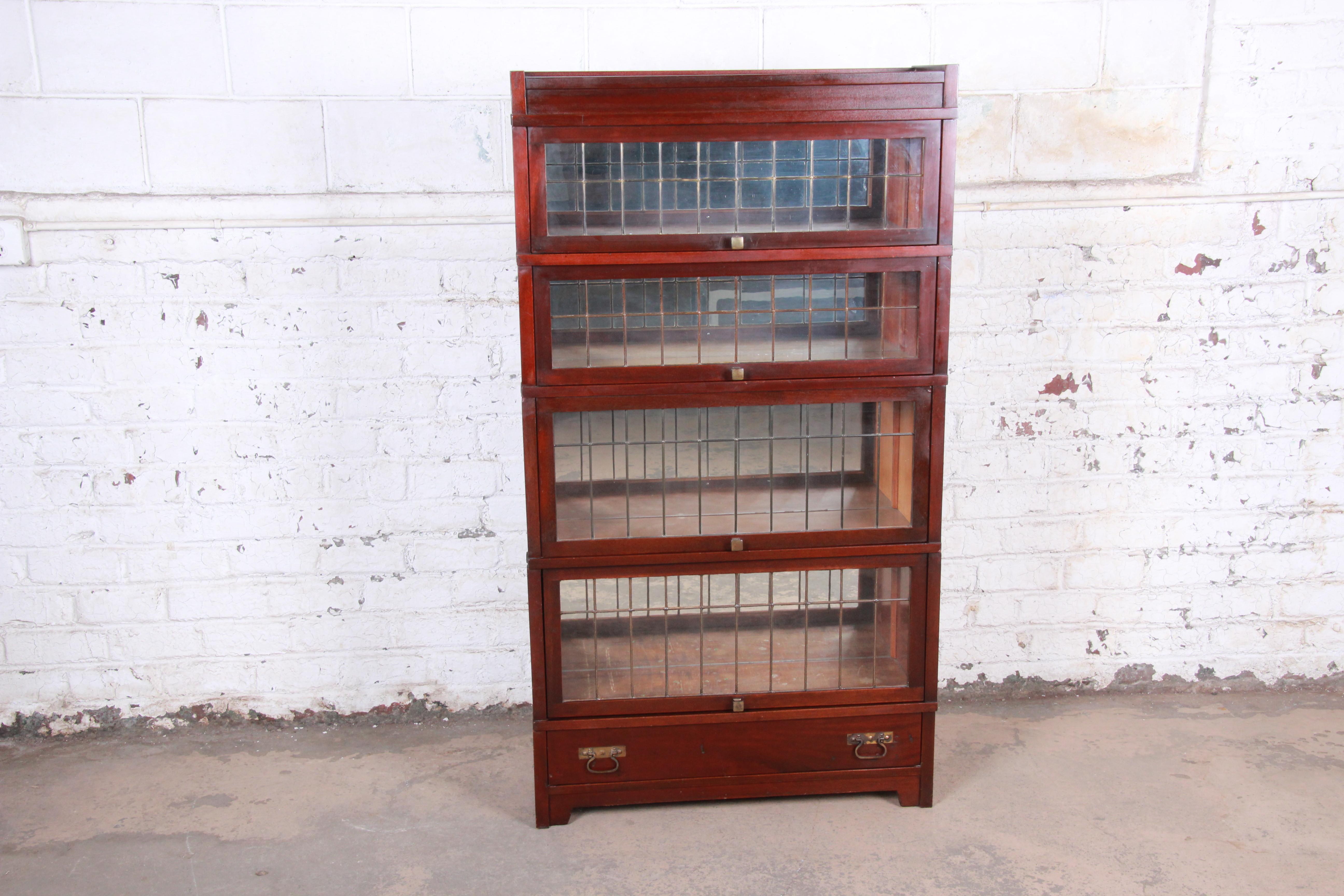Arts and Crafts Globe Wernicke Four-Stack Barrister Bookcase with Leaded Glass Doors, circa 1920
