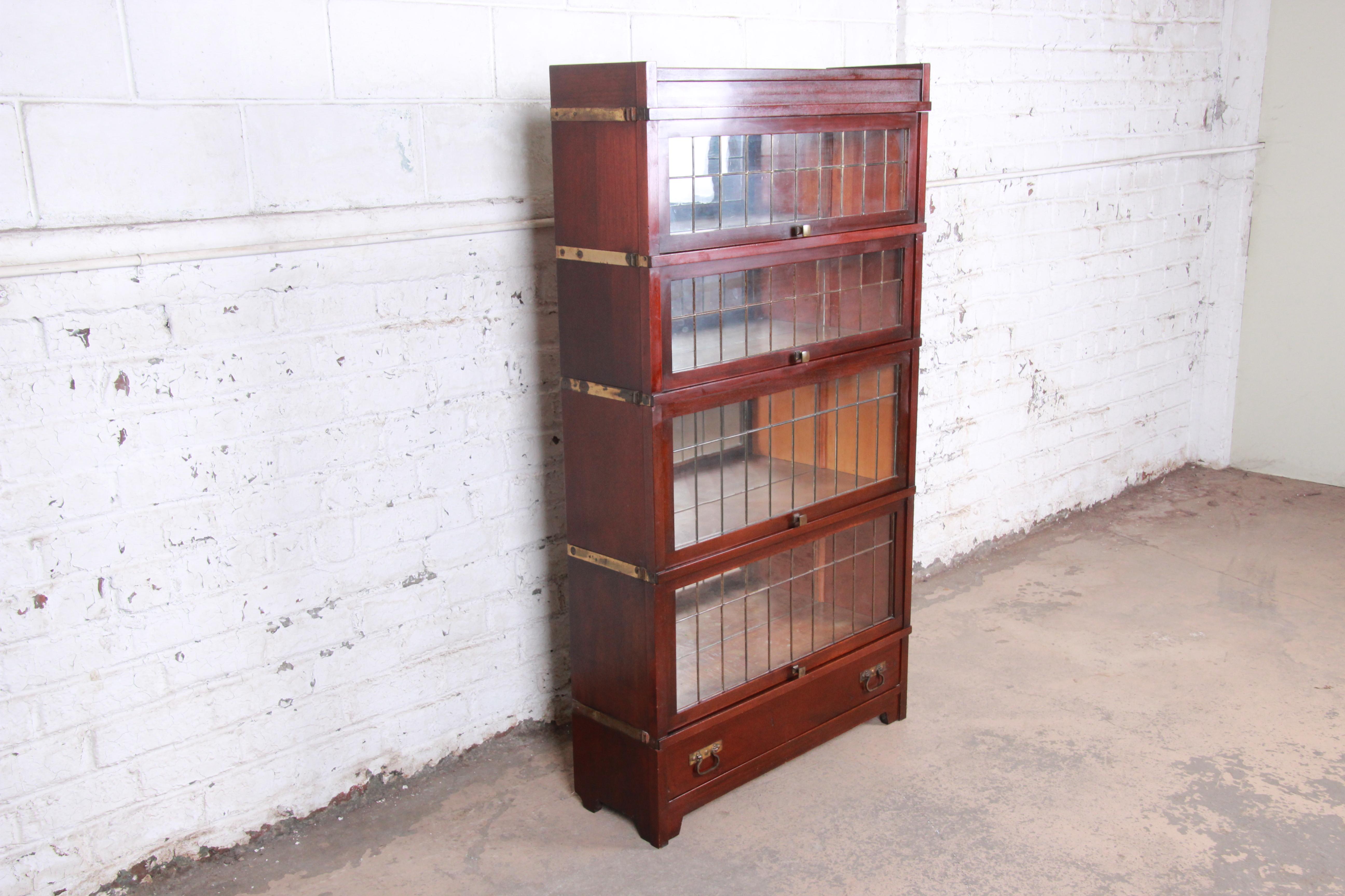American Globe Wernicke Four-Stack Barrister Bookcase with Leaded Glass Doors, circa 1920