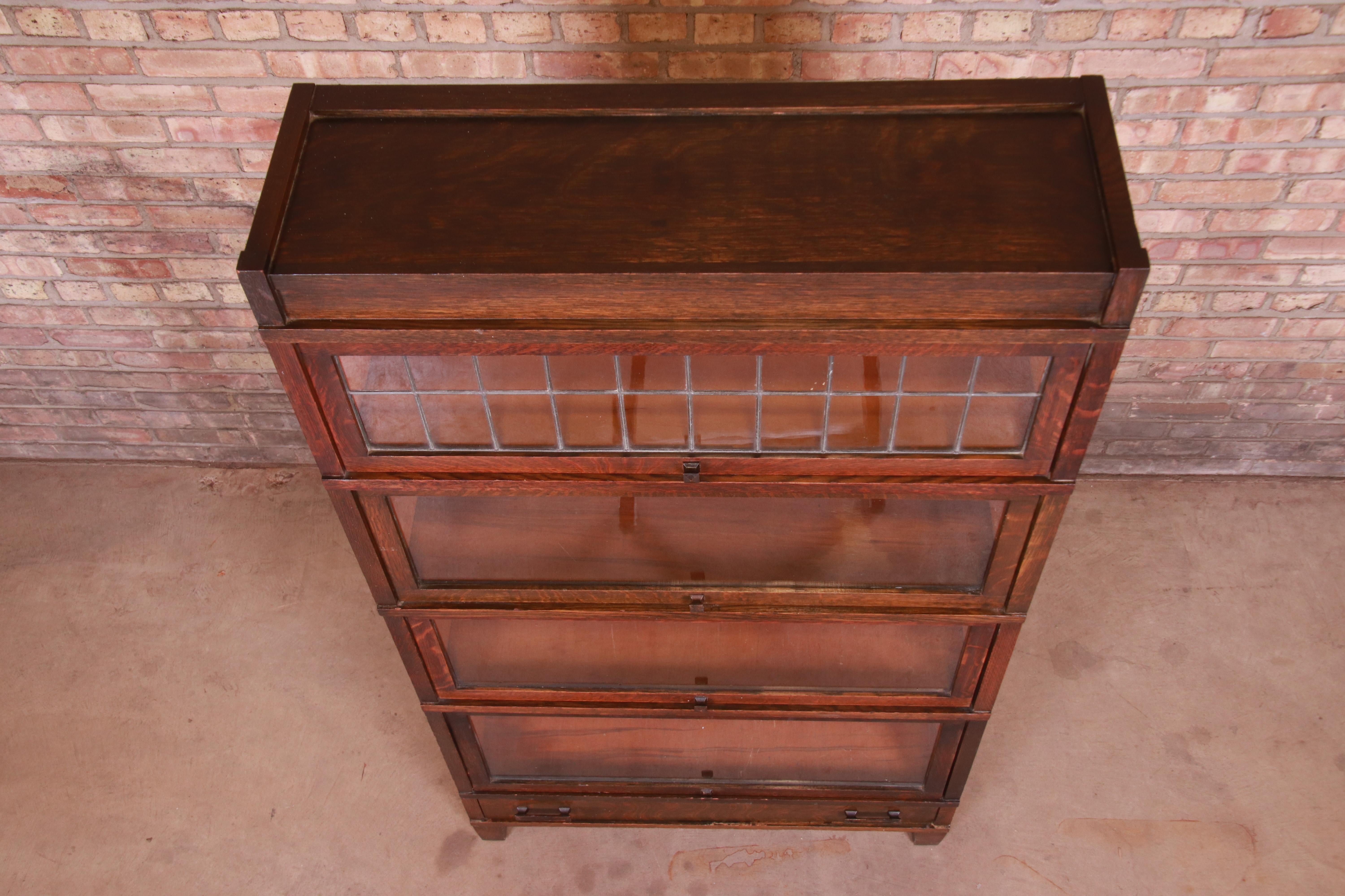 Globe Wernicke Four-Stack Oak Barrister Bookcase with Leaded Glass, circa 1920s 4