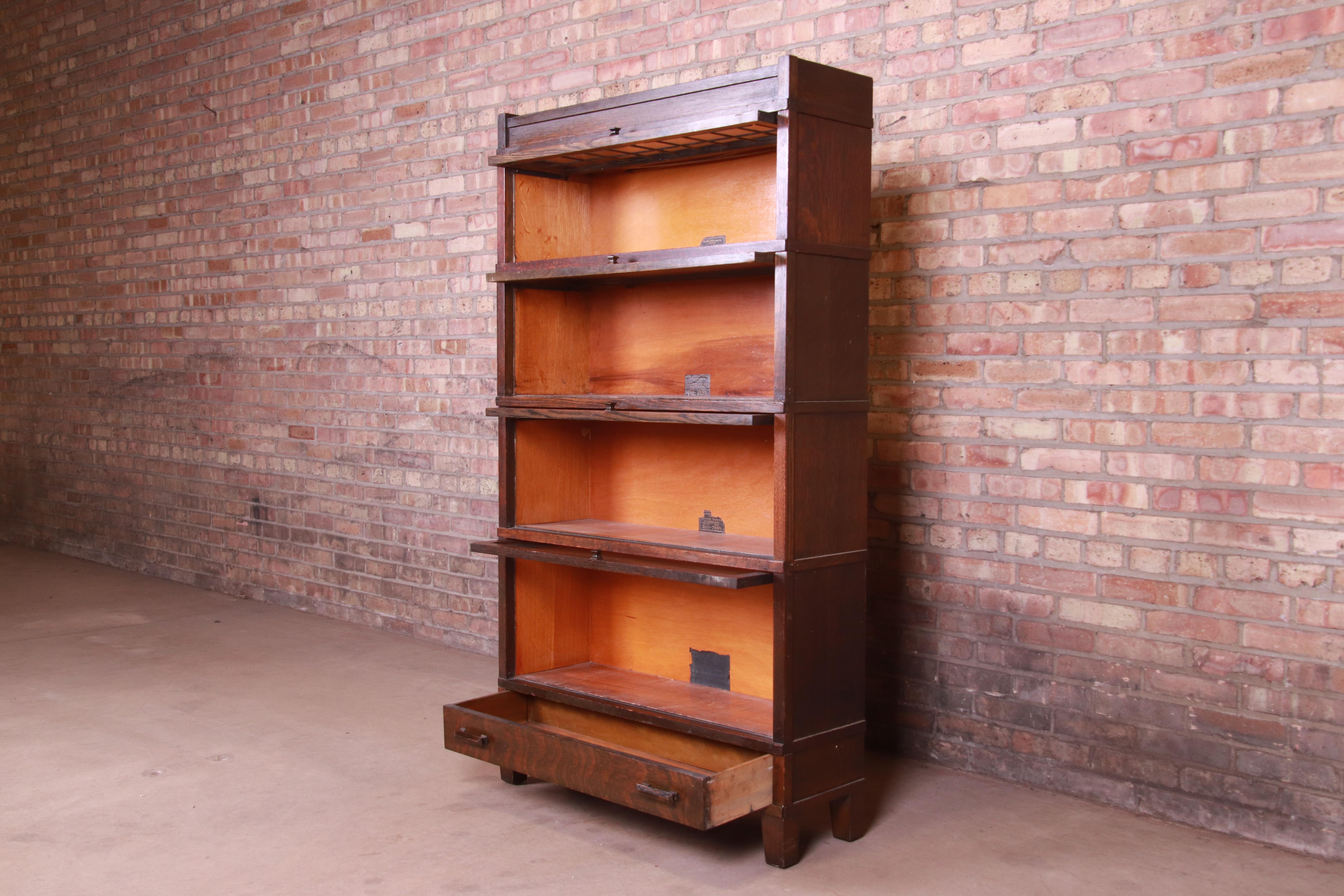 Globe Wernicke Four-Stack Oak Barrister Bookcase with Leaded Glass, circa 1920s 1