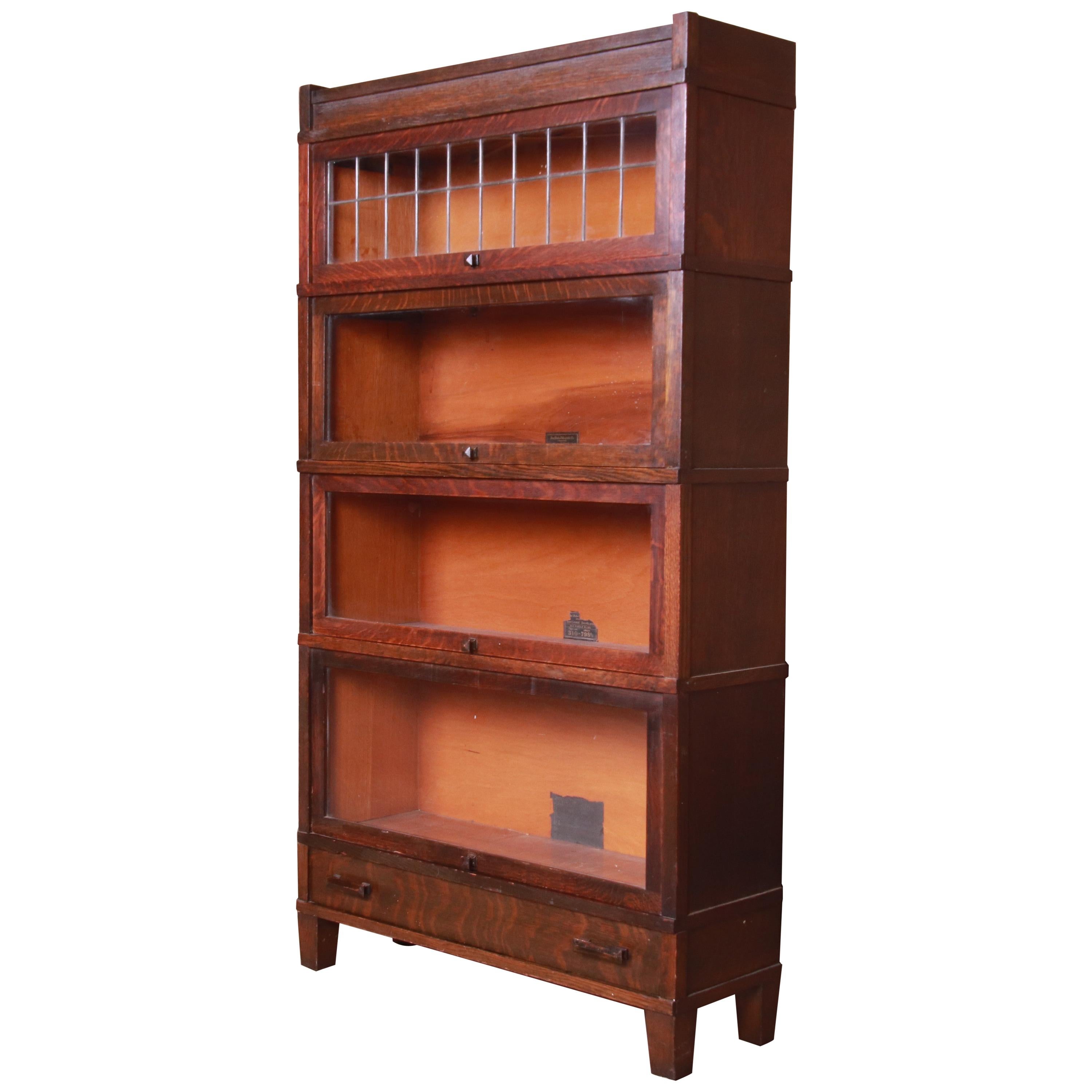 Globe Wernicke Four-Stack Oak Barrister Bookcase with Leaded Glass, circa 1920s