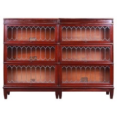 Antique Globe Wernicke Mahogany Double Barrister Bookcase with Leaded Glass Doors, 1920s