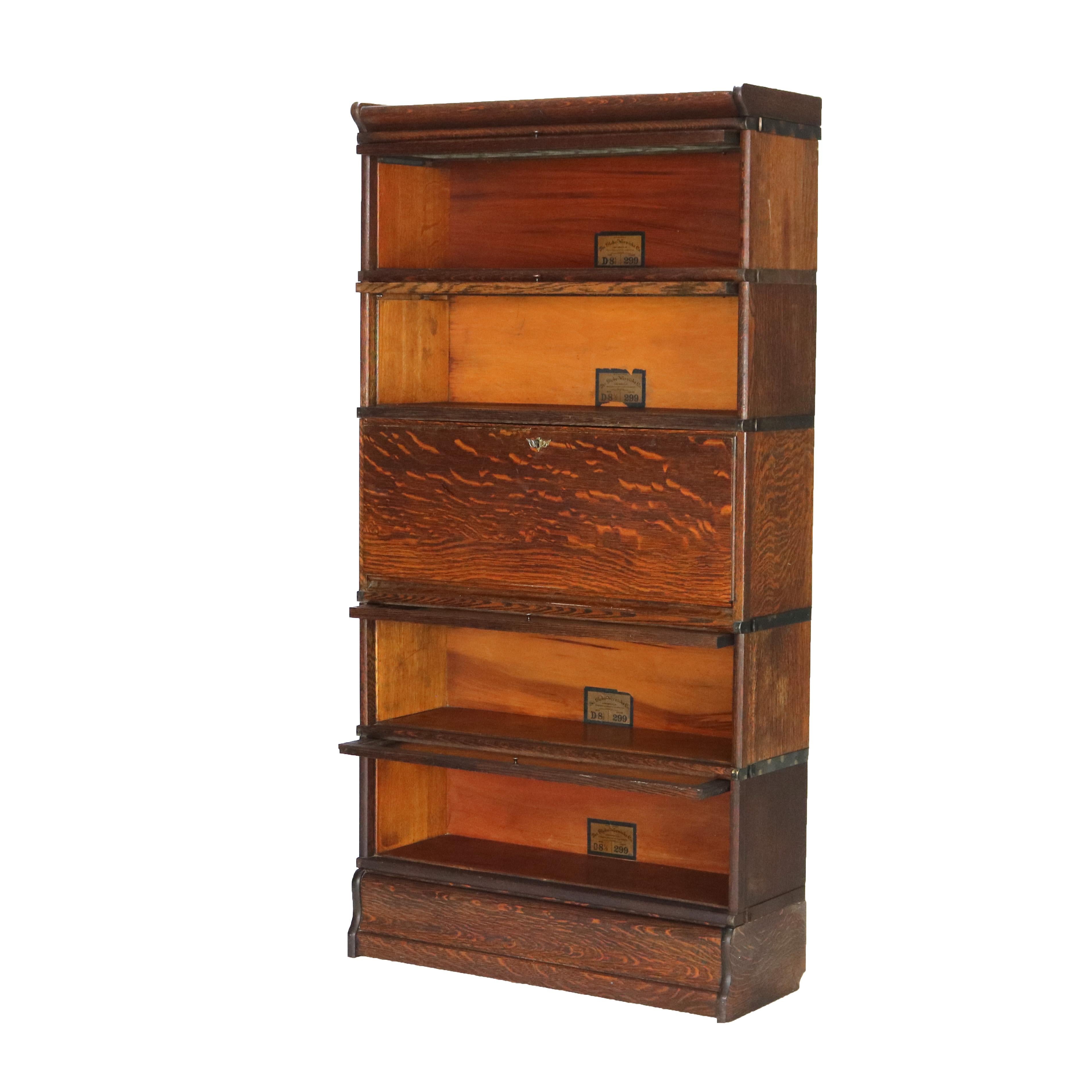 Globe Wernicke Mission Oak Barrister Bookcase Secretary with Leaded Glass c1920 For Sale 6