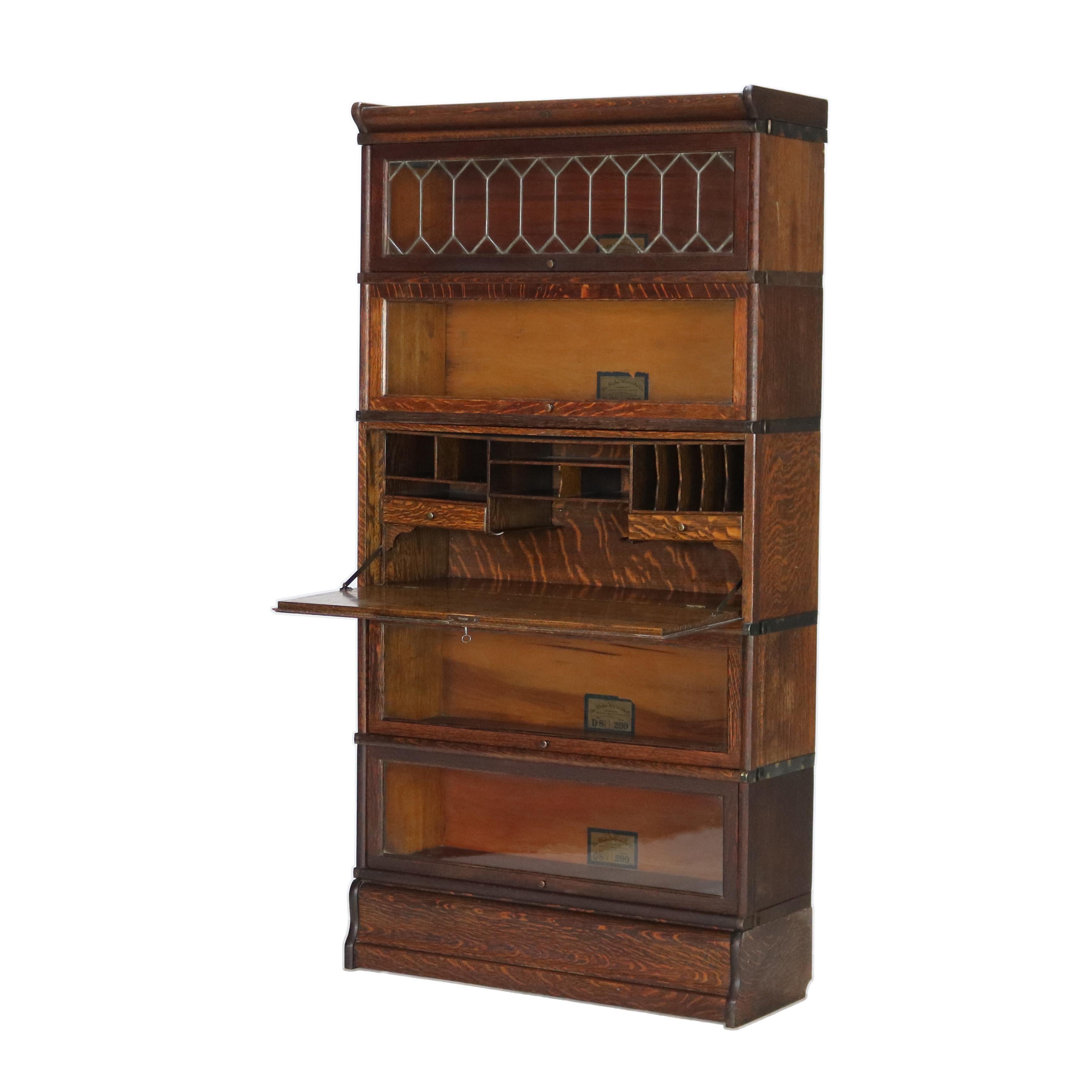 ***Reduced In-House Delivery Rates - Click on “Ask Seller” to Request a Quote***
Antique Globe Wernicke Mission Oak 5 Stack Barrister Bookcase With Desk & Leaded Glass Signed C1920
Measures - 66.75
